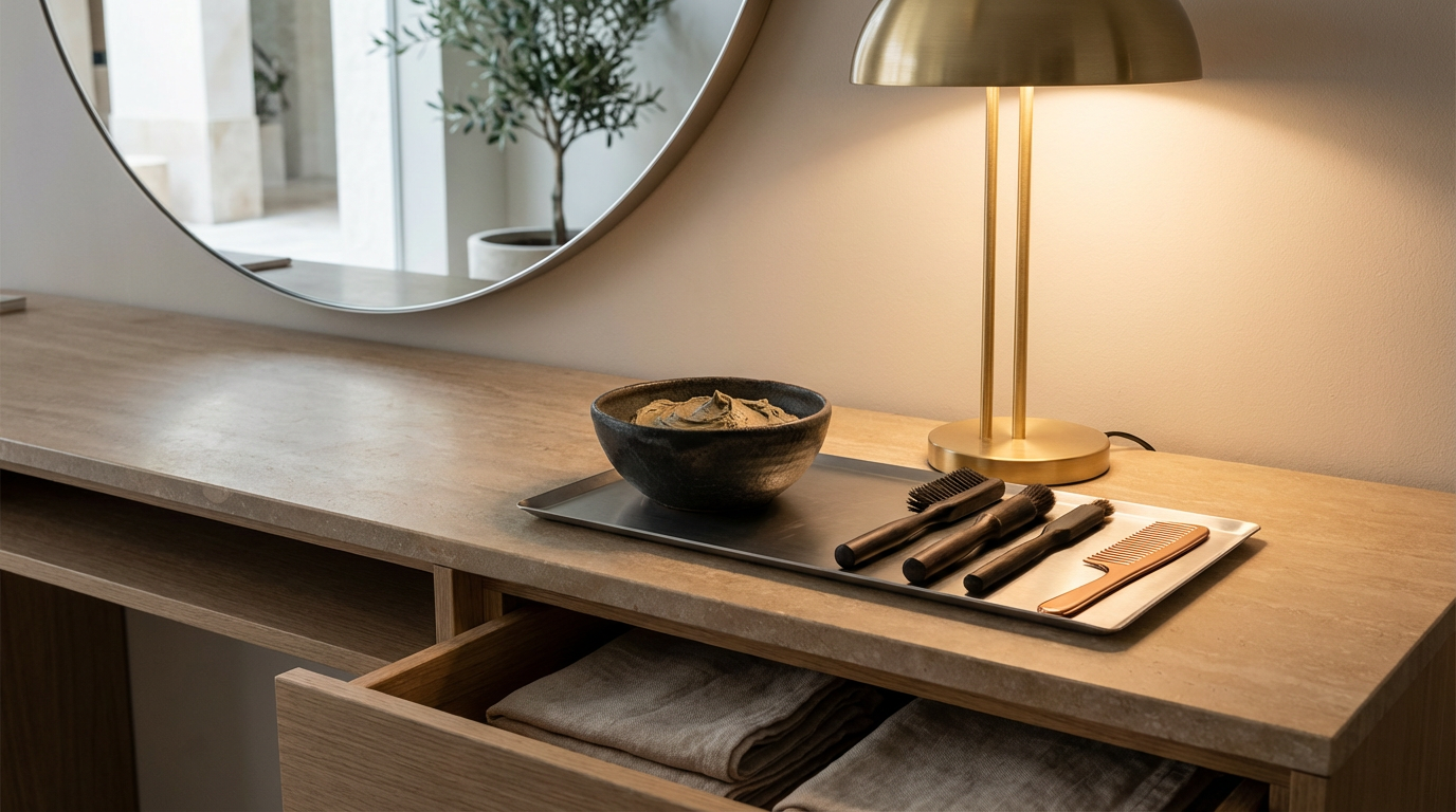 A wooden dresser with a black bowl of hair clay, a tray with grooming tools, a brass table lamp, and a round mirror on the wall.