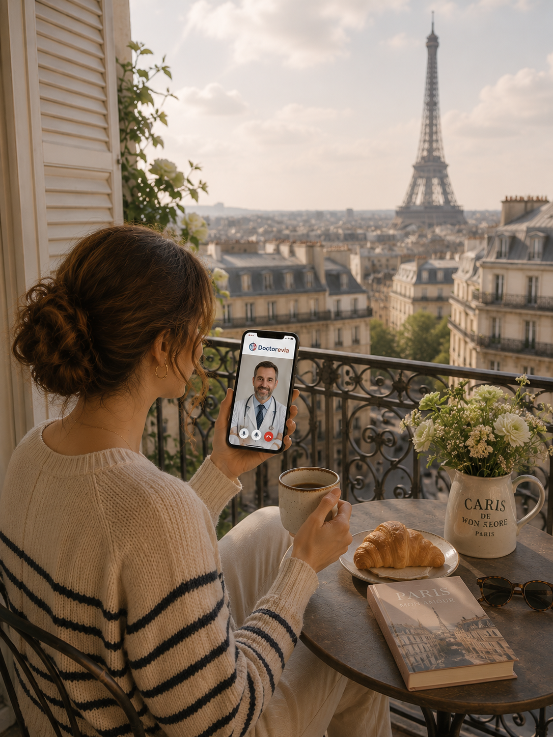 A woman with a bun hairstyle wearing a beige and black striped sweater sitting on a balcony with the Eiffel Tower in the background. She is holding a smartphone displaying a video call with a male doctor, with a mug of coffee, a croissant, a book titled 'Paris Mon Amour,' sunglasses, and a vase of flowers on the table.