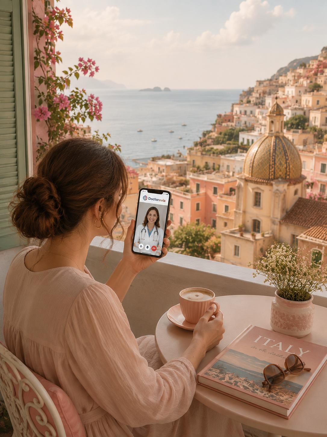 Woman sitting at a balcony table overlooking a scenic Italian coastal town with pastel buildings, a church with a domed roof, and the sea in the background, talking to a doctor on her phone.