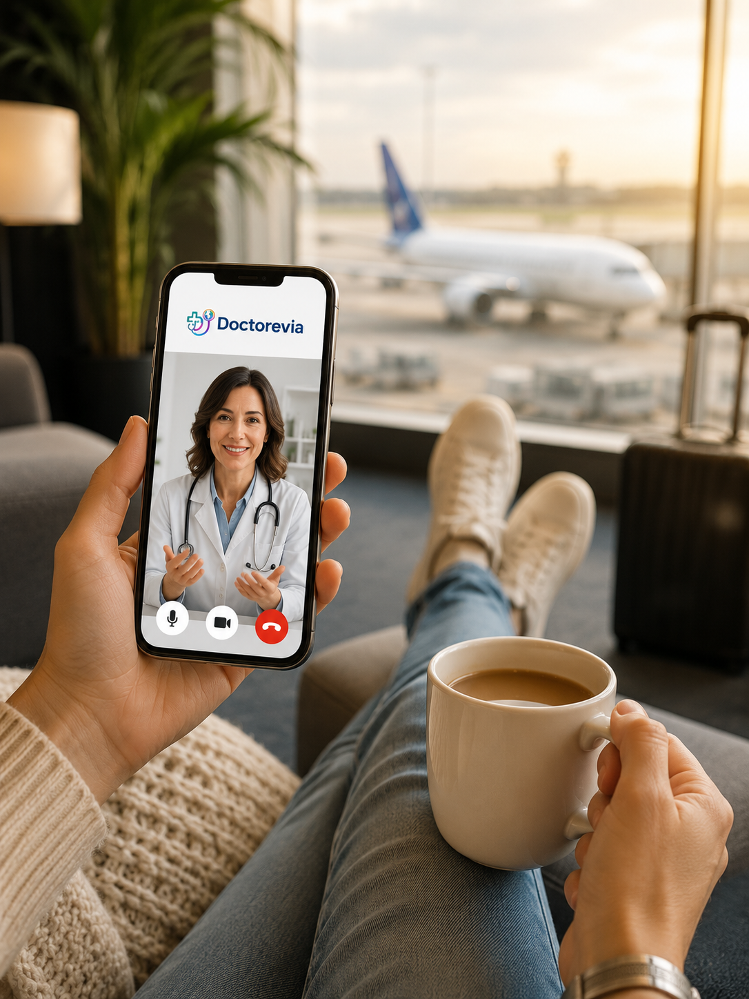 Person sitting at an airport lounge with their feet up, holding a cup of coffee in one hand and a smartphone in the other. The phone is on a video call with a female doctor, with a plane visible through the window in the background.
