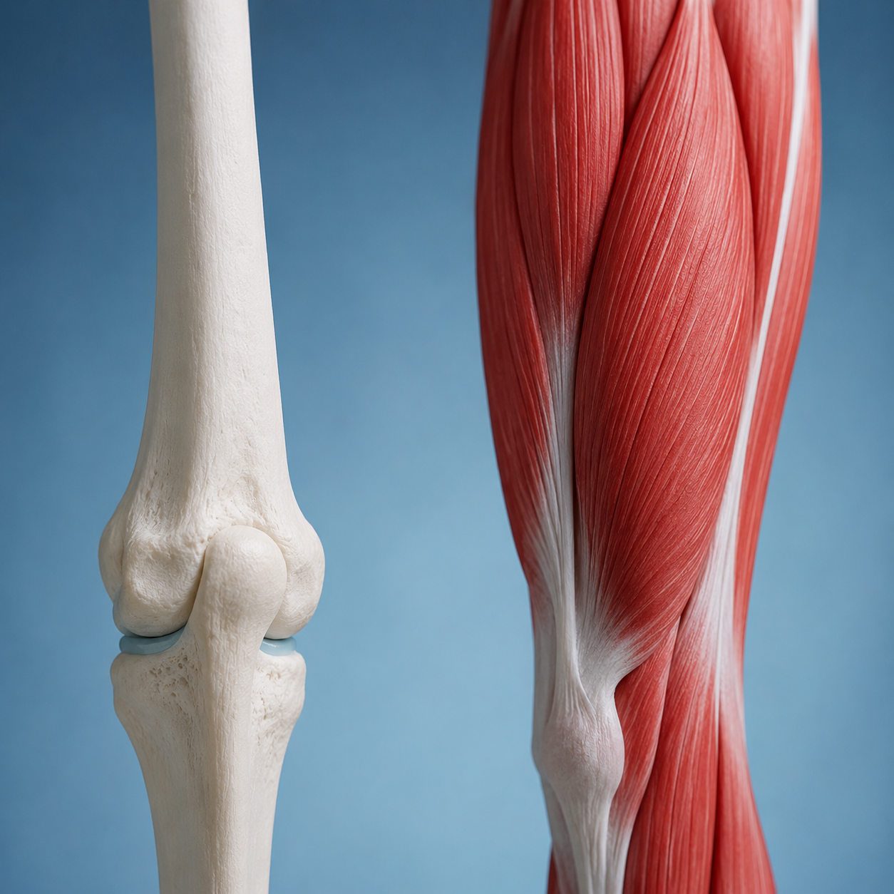 Close-up of a human knee joint model with bones and detailed thigh muscle anatomy, set against a blue background.