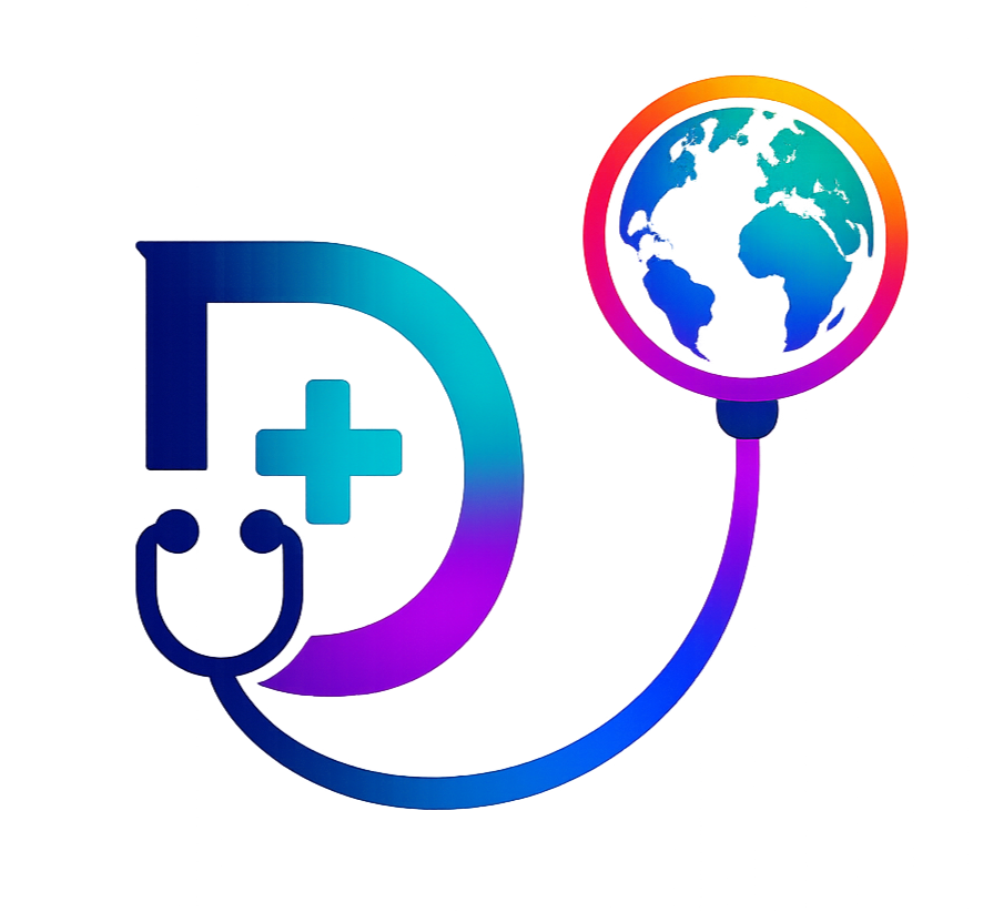 A colorful digital illustration combining a stethoscope, a medical cross, a letter D, and a globe with North and South America and parts of Europe and Africa, symbolizing global healthcare.