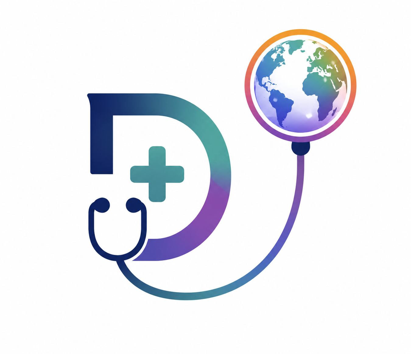 Icon of a healthcare professional's head with a stethoscope, connected to a globe, symbolizing global health or healthcare worldwide.