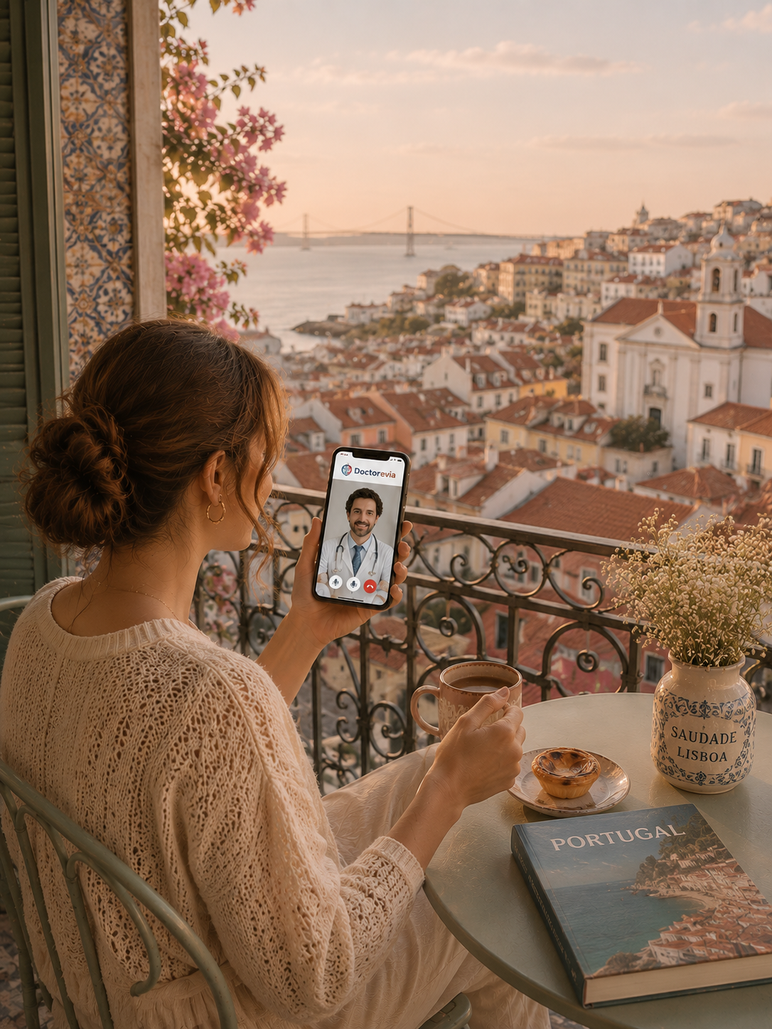 A woman sitting on a balcony holding a phone with a video call to a doctor, with a view of a Portuguese cityscape, a magazine titled 'Portugal', a cup of coffee, and a vase with flowers on the table.