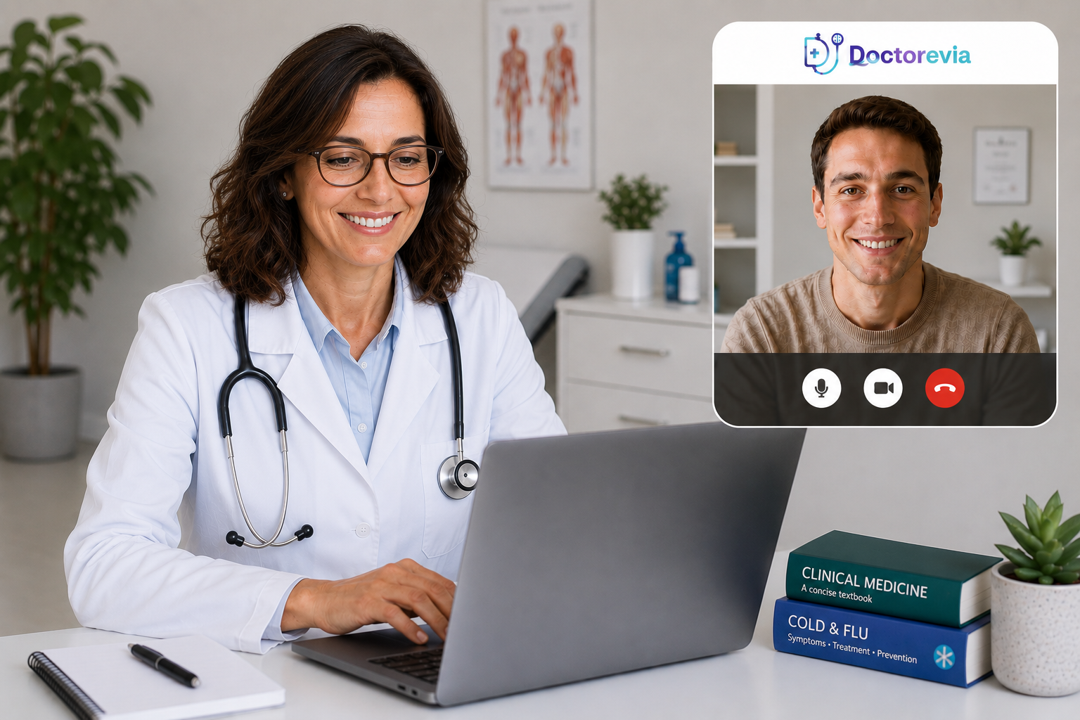 A female doctor wearing glasses and a white lab coat with a stethoscope around her neck is smiling and talking on a video call on her laptop. The video call is with a young man in a casual brown sweater, who is smiling at the camera. The doctor is sitting at a desk with a notebook and pen, and there's a stack of medical textbooks and a potted plant nearby.