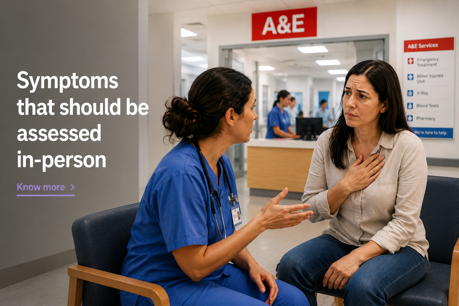 A nurse and a woman sitting in a hospital waiting area, engaging in a conversation. The nurse is wearing blue scrubs with a stethoscope around her neck, and the woman is holding her chest, appearing concerned.