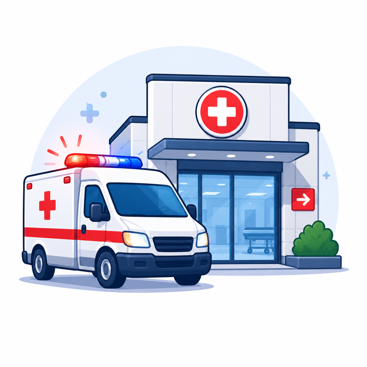 Illustration of an ambulance parked outside a hospital with a red cross sign and a green bush nearby.