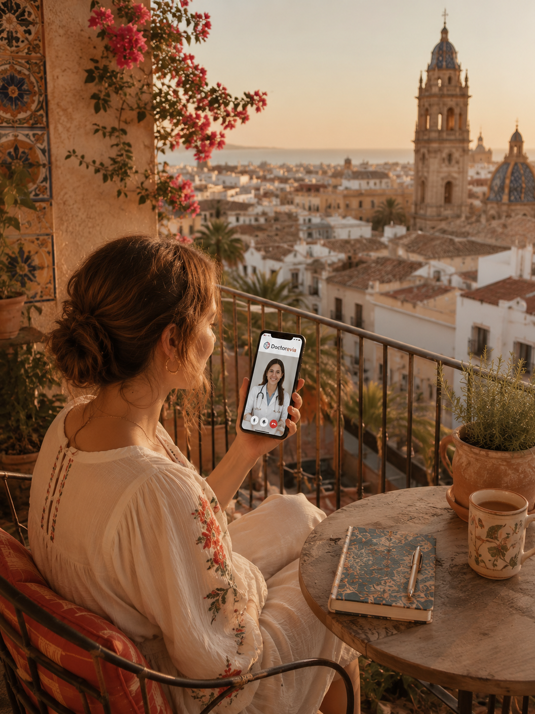 A woman sitting on a balcony during sunset, holding a smartphone showing a video call with a doctor. She is wearing a white embroidered dress, and there is a notebook, a pen, a potted plant, and a coffee mug on the table in front of her. The background features a cityscape with historic buildings and a domed church.