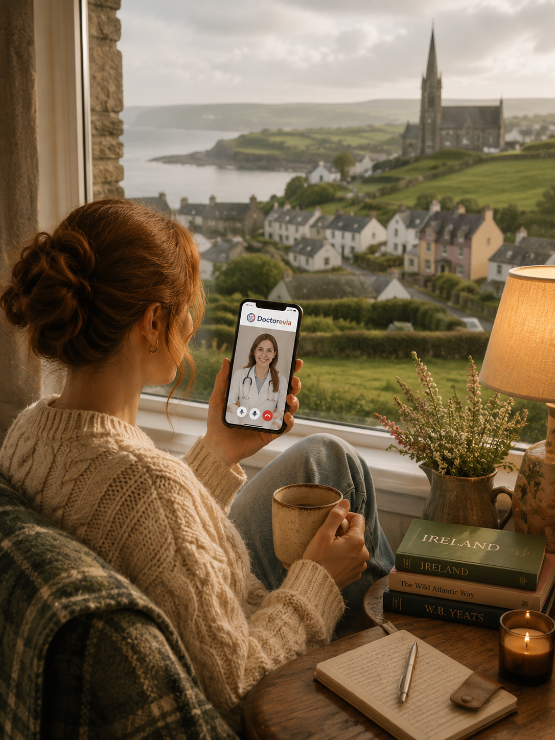 A woman with red hair in a bun is sitting by a window, holding a mug in one hand and taking a video call with a doctor on her phone, with a scenic Irish landscape in the background. The table has books about Ireland, a notebook, a pen, a small candle, and a potted plant.