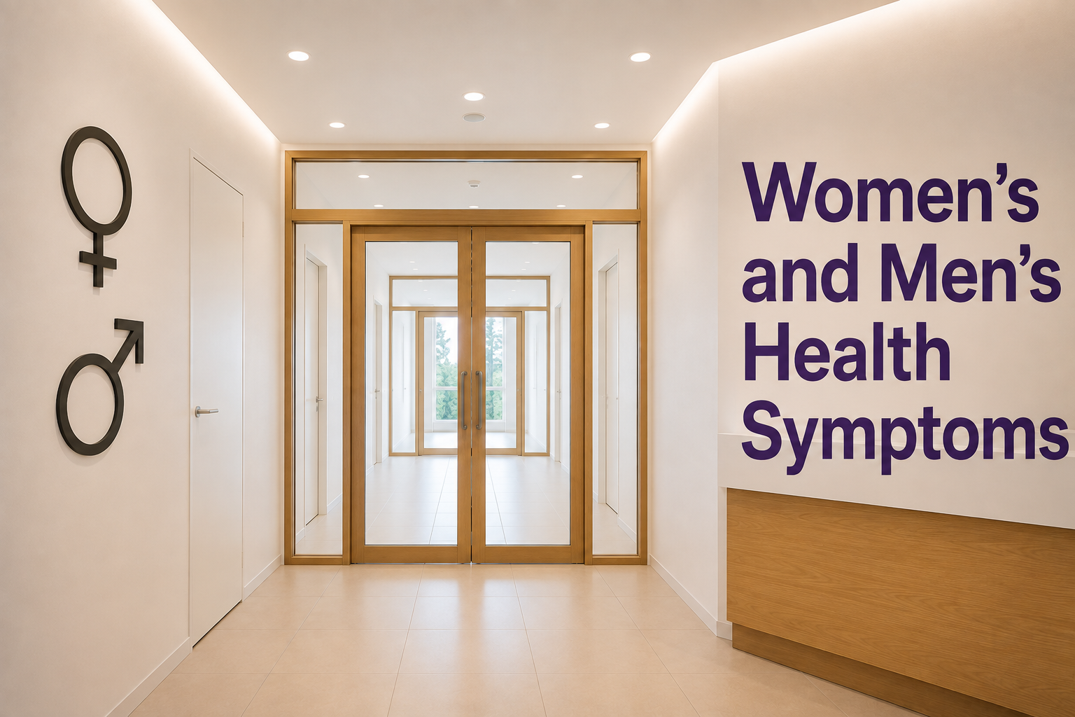 Hospital corridor with a sign indicating women's and men's health symptoms.