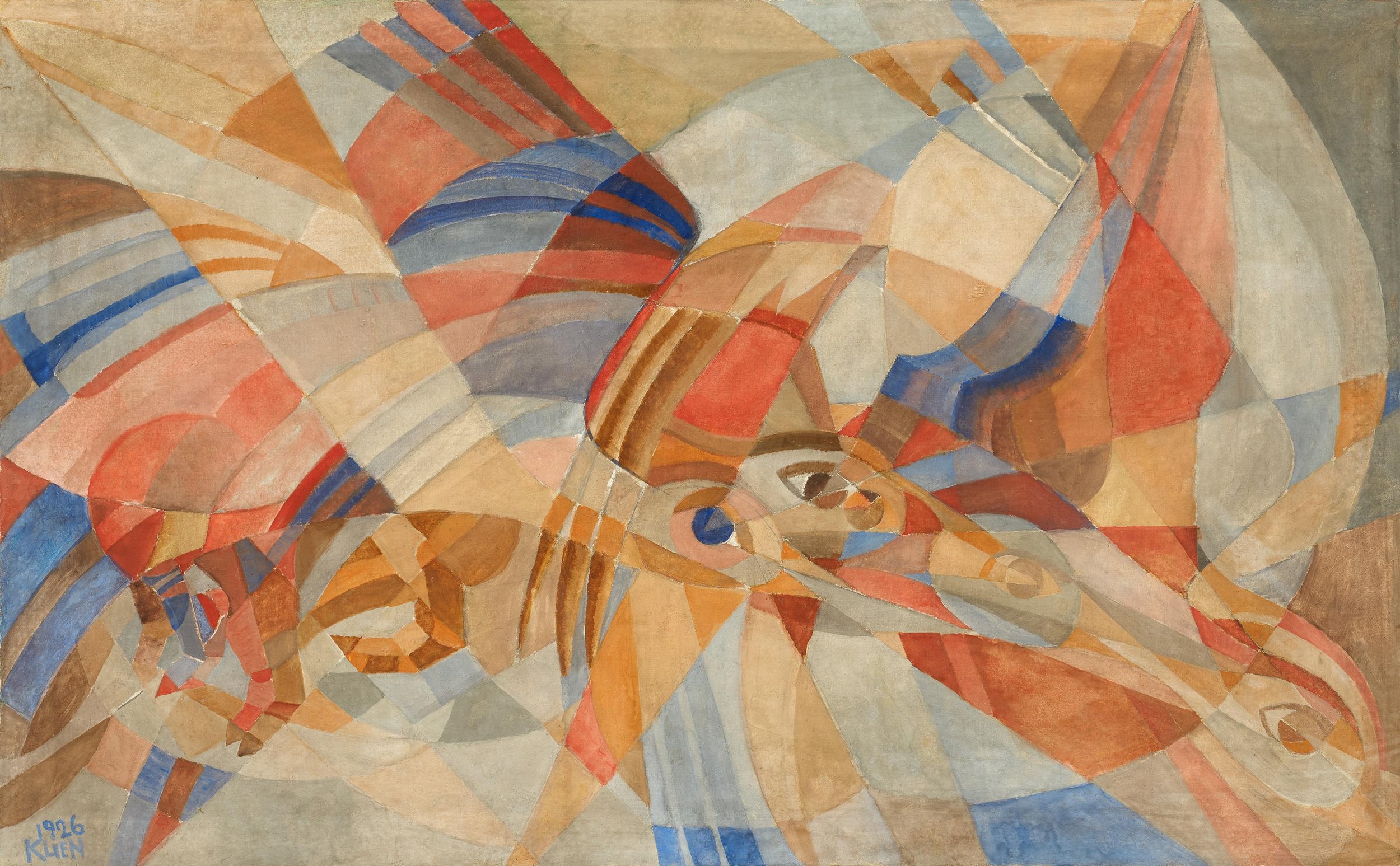 An abstract painting made up of geometric shapes and lines with warm colors like red, orange, beige, and patches of blue. The composition appears energetic and dynamic.