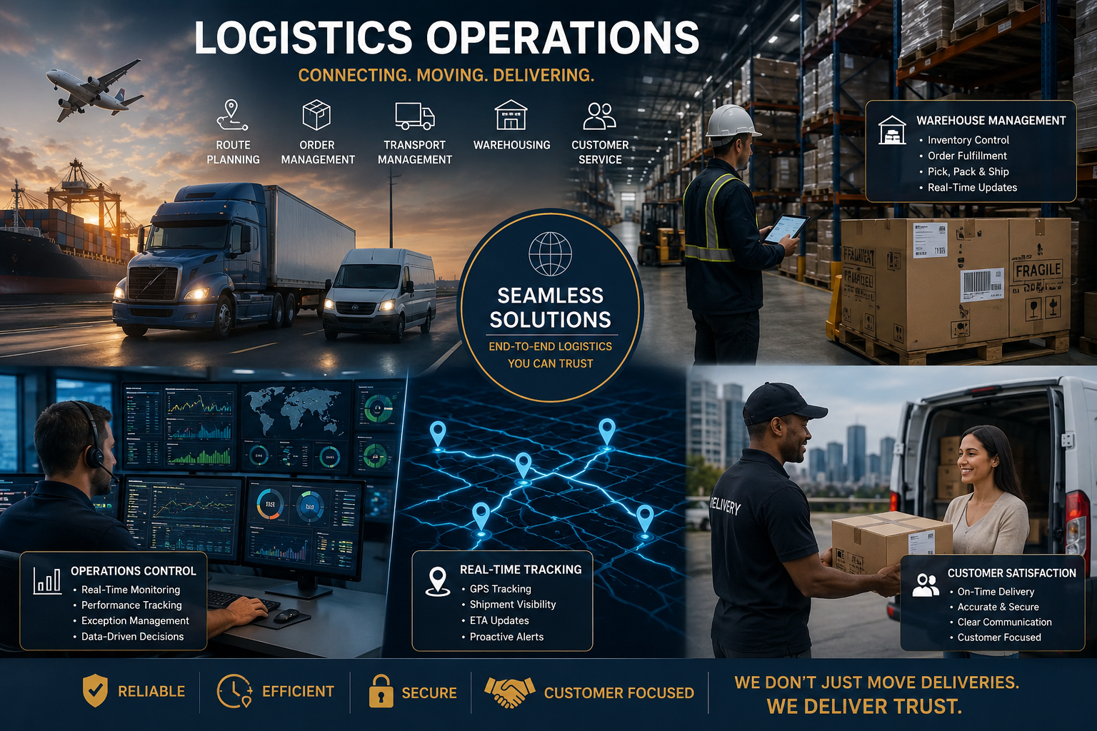A logistics company advertisement showcasing transportation, warehouse management, and real-time tracking solutions. The image displays trucks, a warehouse worker using a tablet, a control room with monitors, a delivery person handing a package to a woman, and icons representing route planning, order management, transport, warehousing, and customer service.