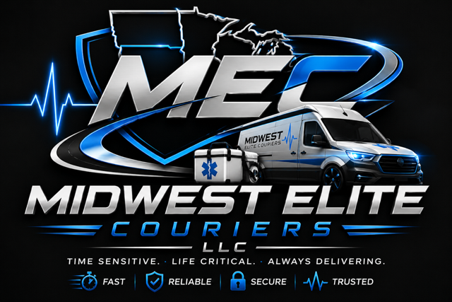 Logo for Midwest Elite Couriers LLC with an image of a white courier van, a medical bag, and a blue heartbeat line. The background features a stylized map outline and a blue shield. Text highlights include "MEC 2" and slogans such as "Time Sensitive," "Life Critical," "Always Delivering," and terms like "Fast," "Reliable," "Secure," and "Trusted."