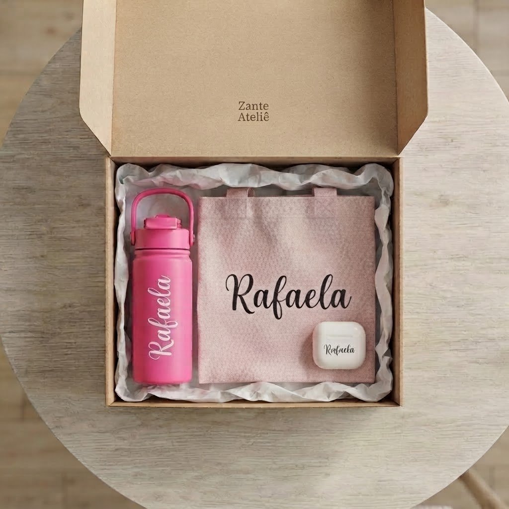 Caixa de Aniversário - Quando você quer dar um presente, mas não quer dar apenas um fone ou apenas uma garrafa.
(Fone de ouvido bluetooth com capinha personalizada, garrafa térmica personalizada e ecobag personalizada)