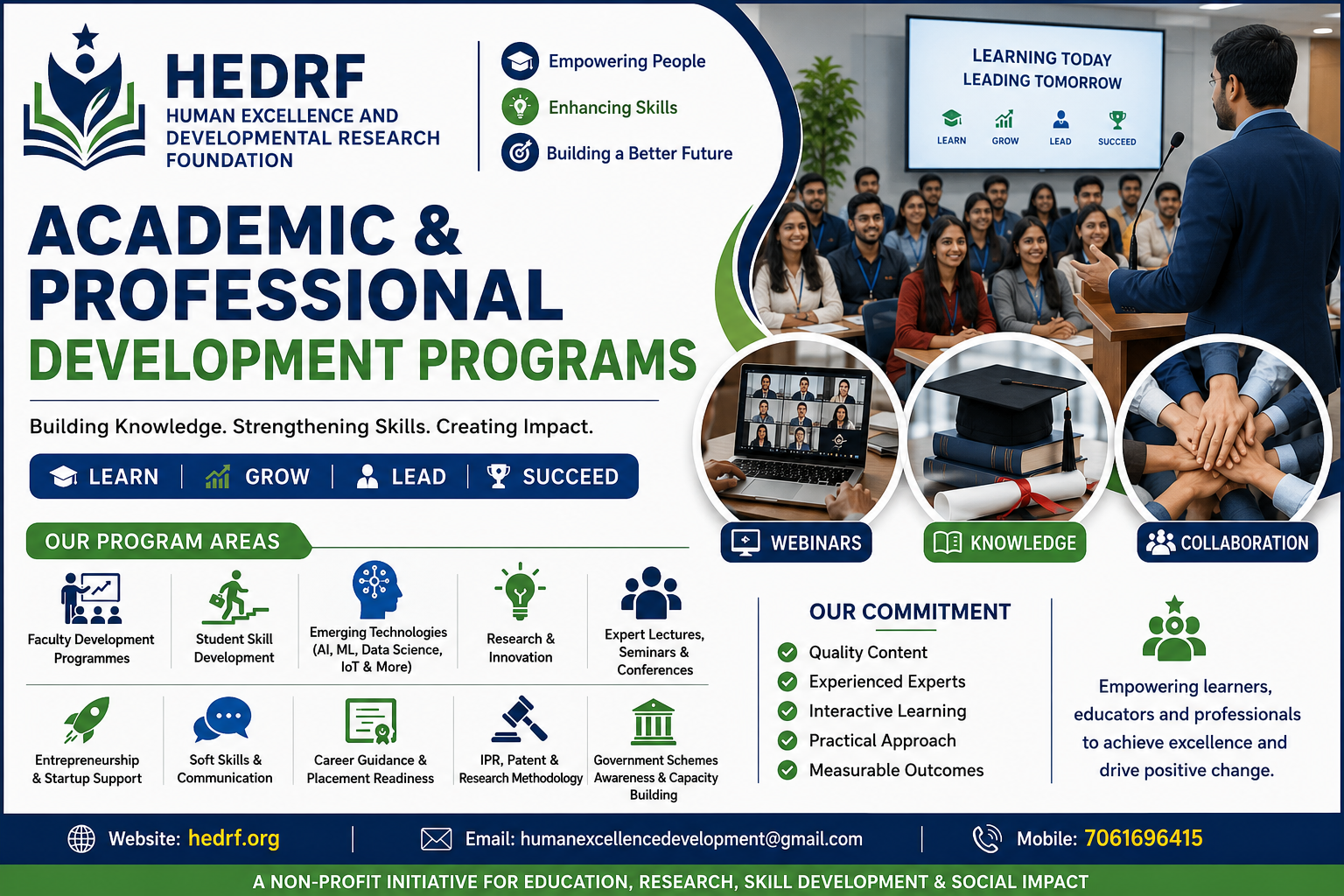 Informational graphic for Human Excellence and Developmental Research Foundation highlighting academic and professional development programs, areas like faculty development, student skills, emerging technologies, research, expert lectures, entrepreneurship, communication, career guidance, government schemes, and webinars; includes images of a classroom with a speaker, a laptop with a Zoom meeting, a graduation cap on books, and a group handshake.