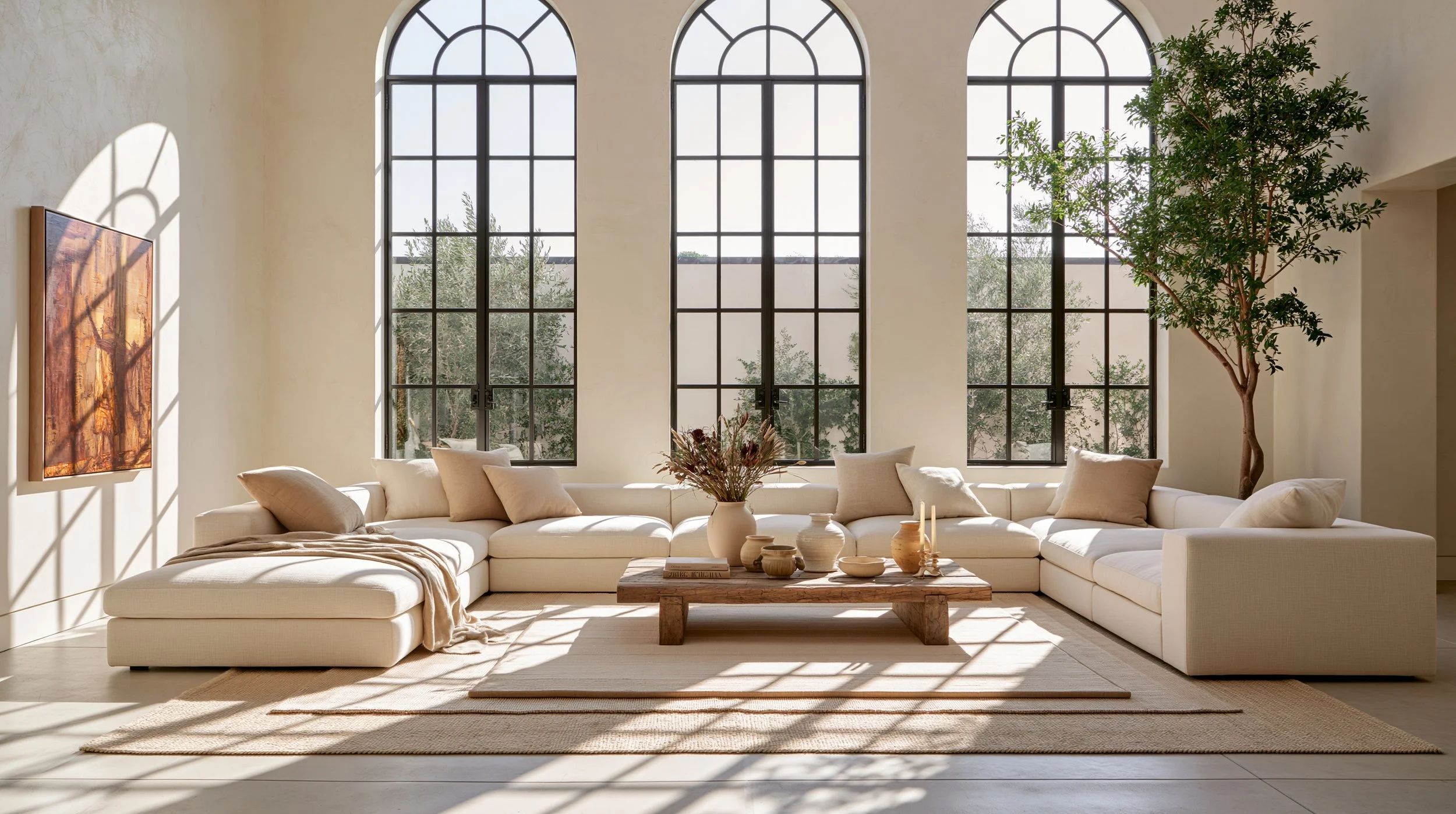 Bright living room with large arched windows, white sectional sofa with neutral pillows, a wooden coffee table with decorative vases, a potted tree, and artwork on the wall.