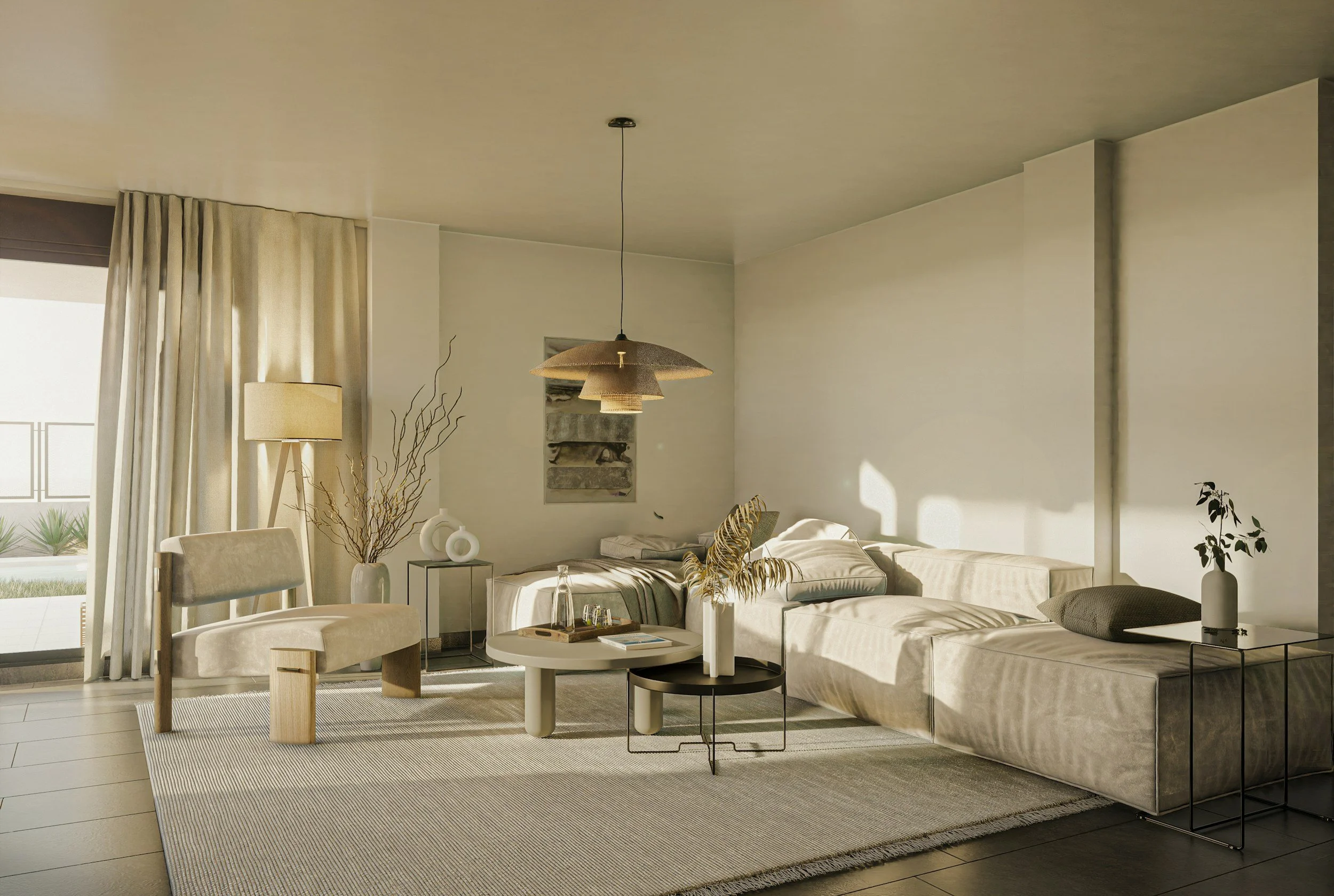 Living room with beige sofa, round coffee table, potted plants, a floor lamp, and pendant light, with large window and light-colored curtains.