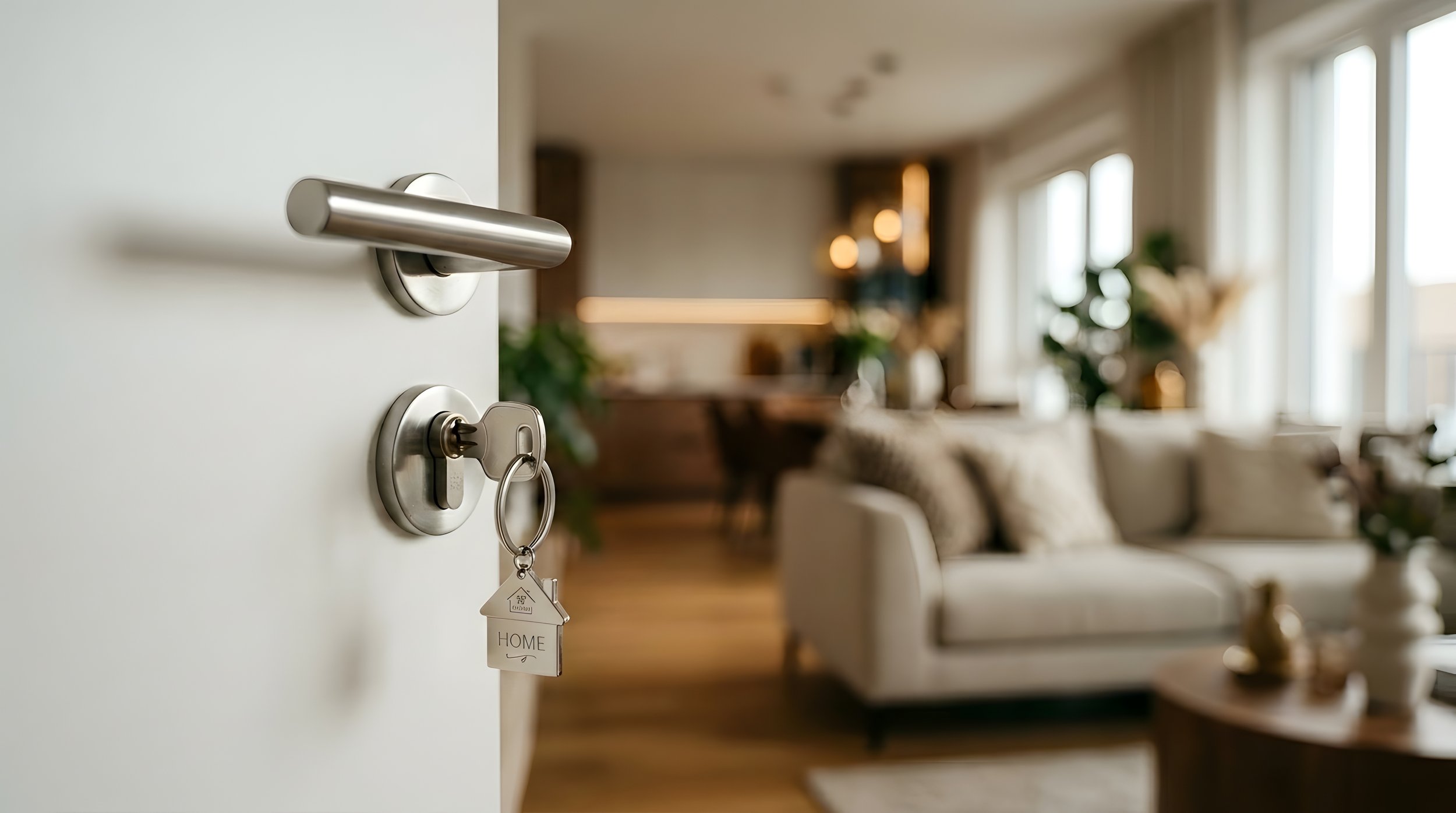 Close-up of a silver door handle with a key in the lock, attached to a white door, with a blurred living room in the background.