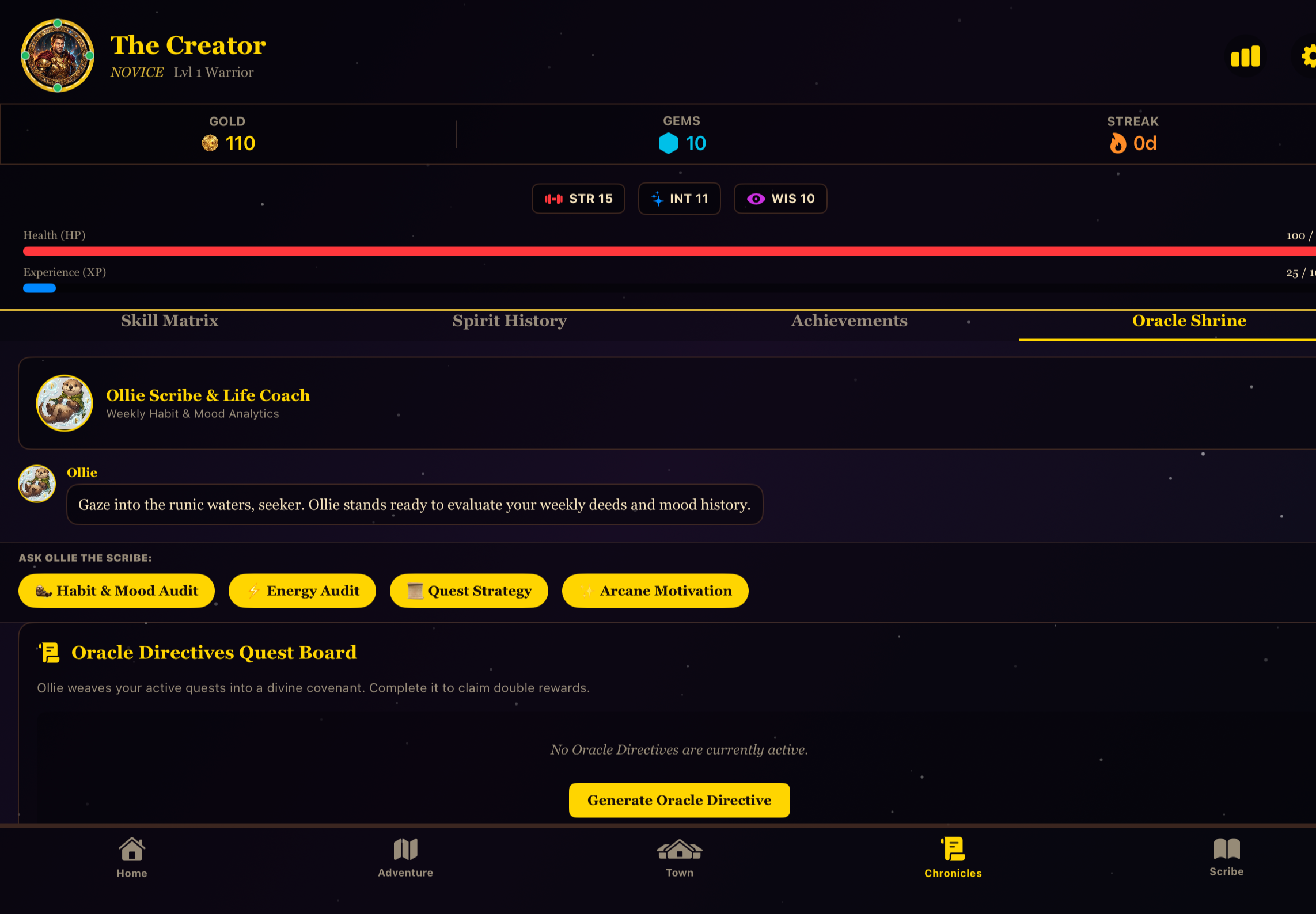 Screenshot of a video game interface showing character stats such as gold, gems, and streak, along with options to generate or view quests, with navigation bar icons for Home, Adventure, Town, Chronicles, and Scribe.