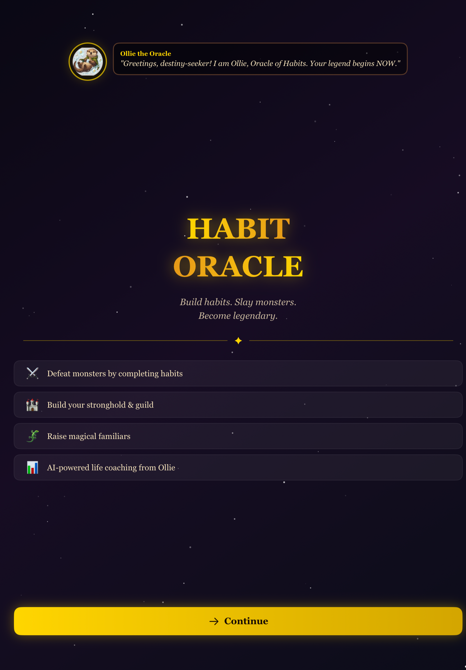 A dark space-themed website interface with options to build habits, defeat monsters, raise familiars, and receive AI coaching from Ollie, the Oracle of Habits. The interface includes a smiling bear illustration and stars in the background.