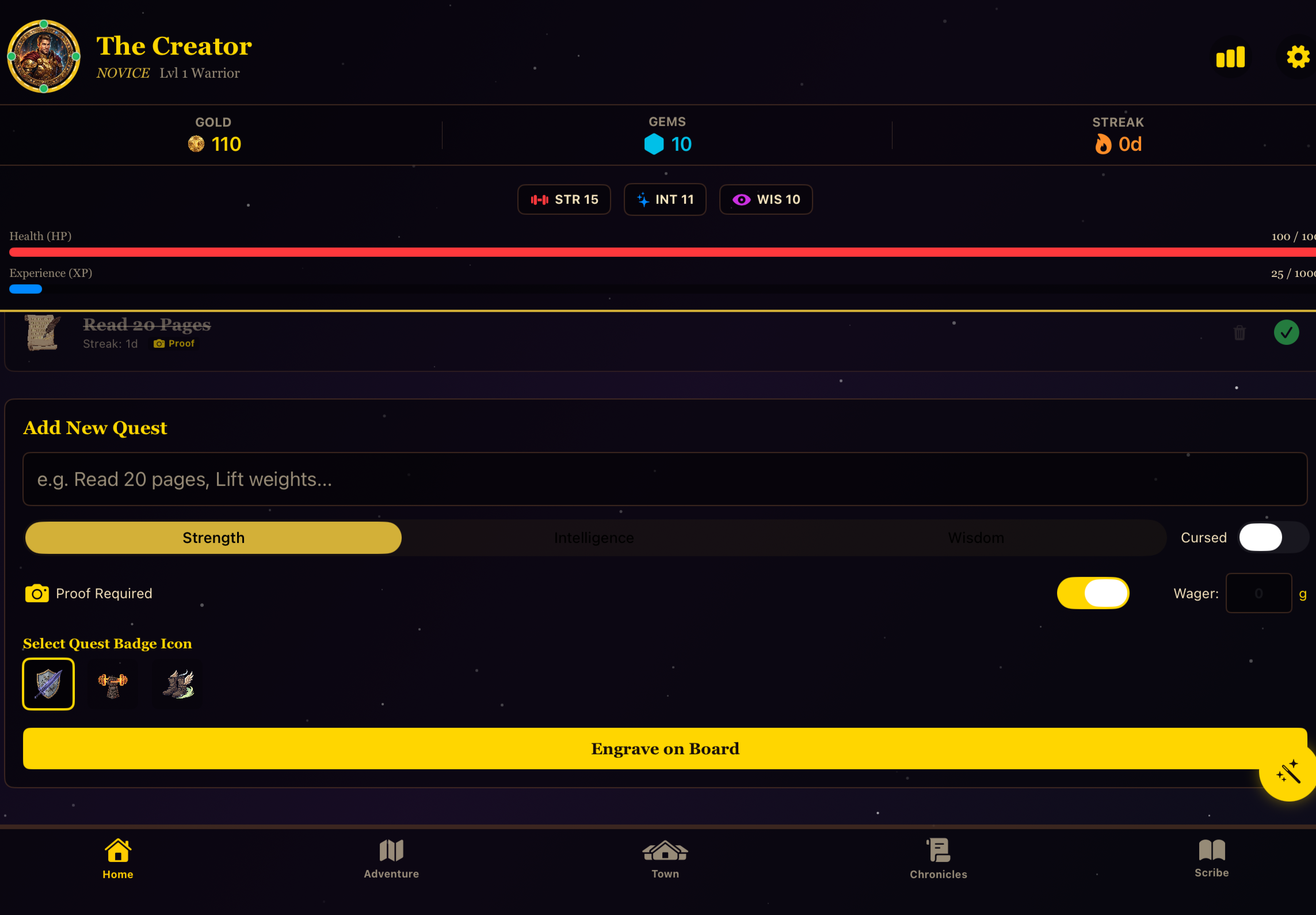 Screenshot of a fantasy game interface showing character details, stats, and quest options, with a dark space-themed background and navigation menu at the bottom.
