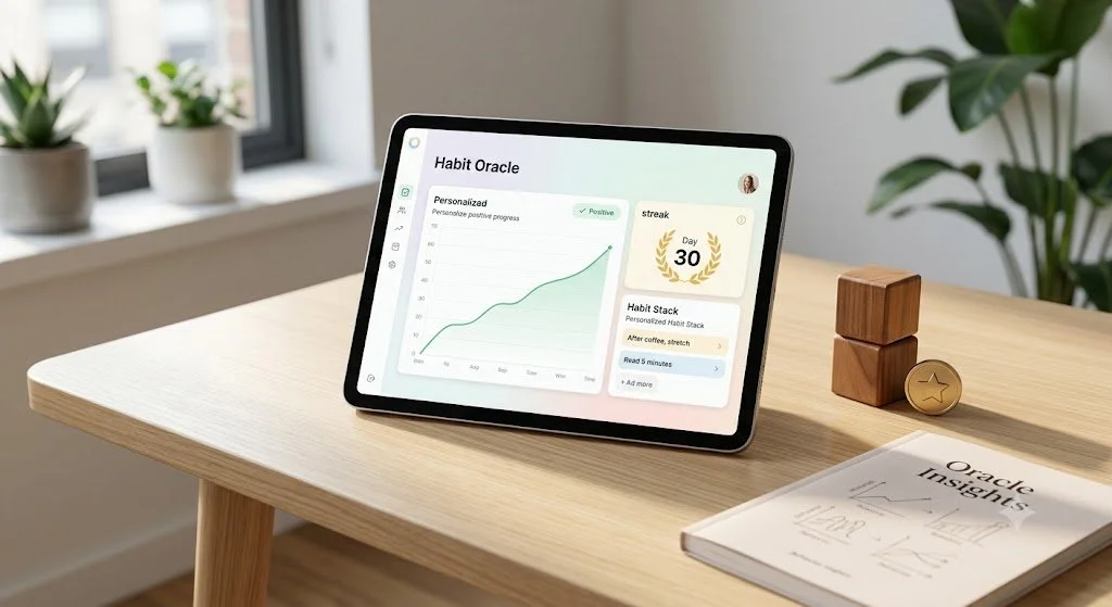 A tablet on a wooden desk displaying a habit tracking app called 'Habit Oracle' with a line graph and progress details. Next to the tablet are two wooden blocks, a gold star coin, and a book titled 'Oracle Insights.' Sunlight streams in through a nearby window, with potted plants in the background.