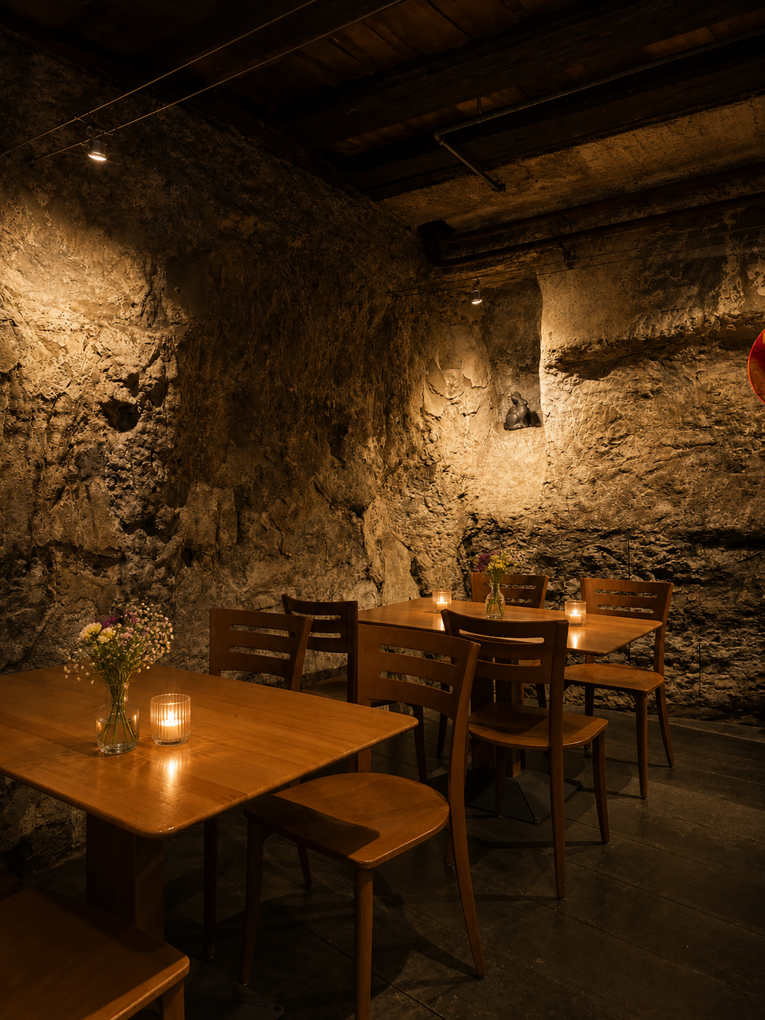 Gemütliches Restaurant mit Steinfelsenwänden, Holzdecken und Kerzen auf Tischen, mit Blumenvasen als Dekoration.