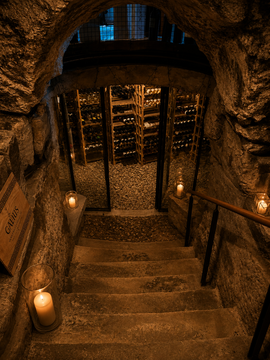 Weinkeller mit Steintreppe, Rolltor, Weinregalen und Kerzenlicht
