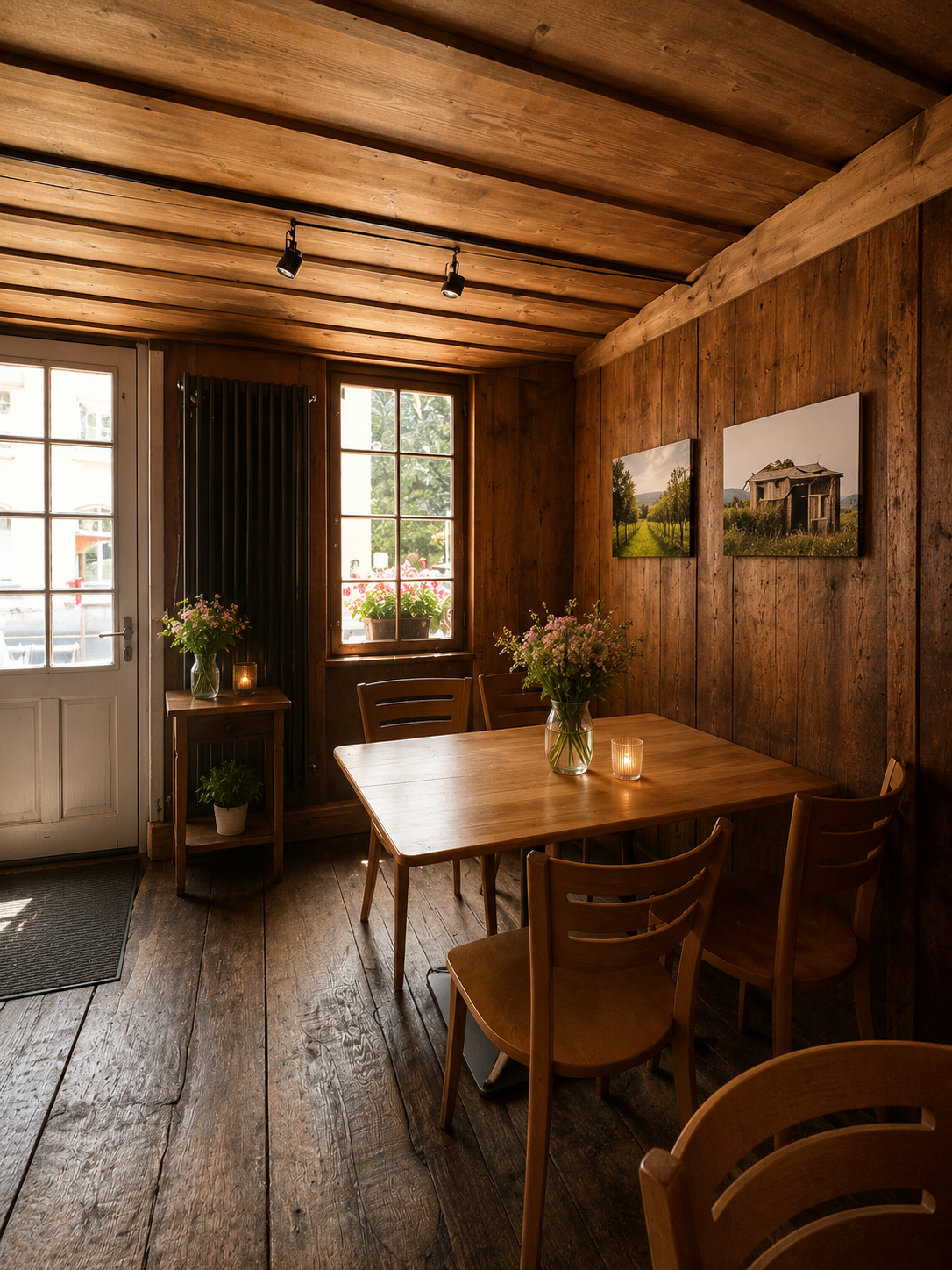 Innenraum mit Holzwänden, Holzdecke, Holztisch, vier Stühlen, Blumenstrauß, Kerzen, Fenster mit Sonnenlicht, Wandbilder eines Landschaftsbildes, Tür mit Fenster