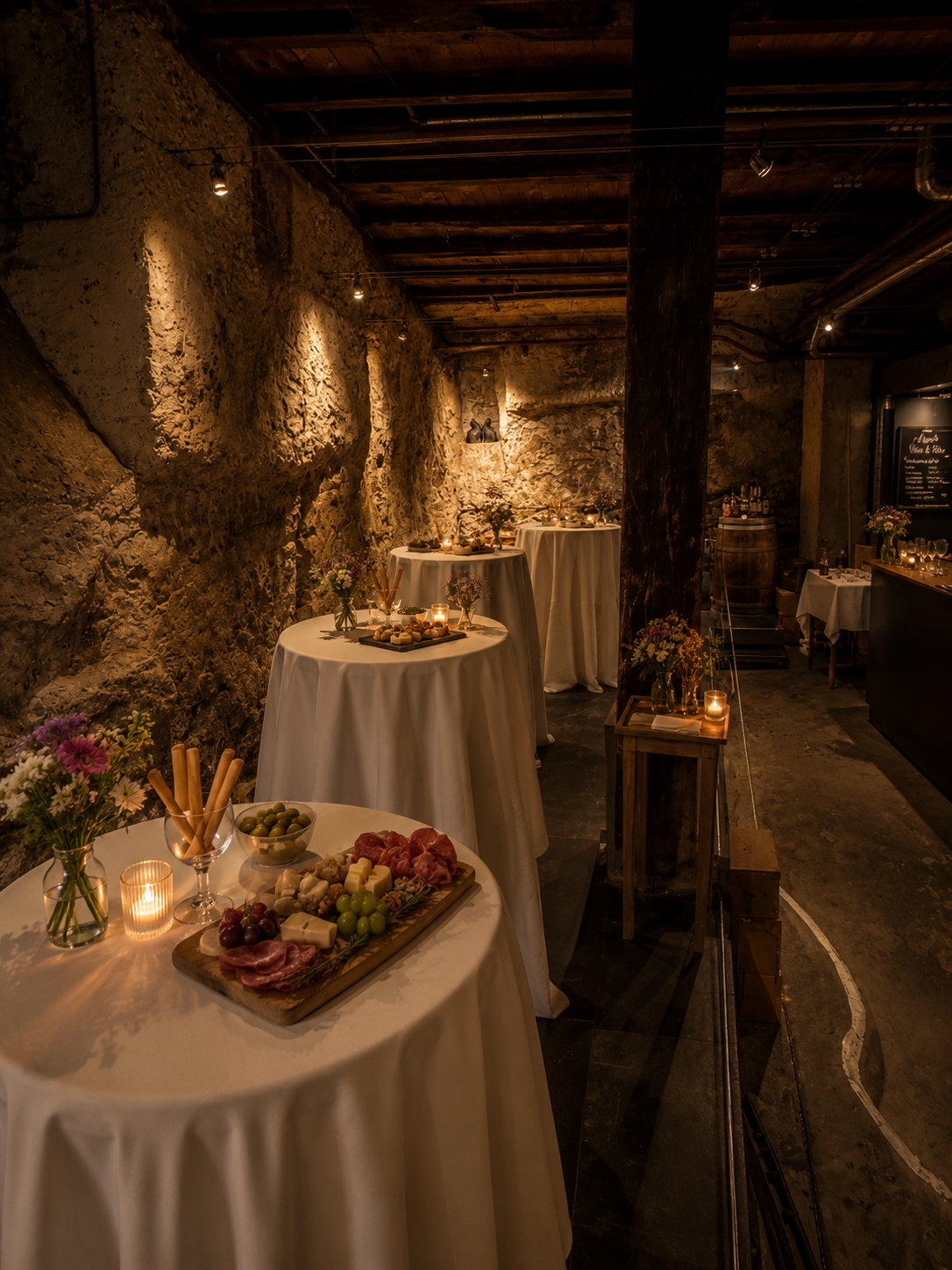 Rustikale Kellerbar mit Thekenbereich, runden Tischen mit weißen Tischtüchern, Kerzen, Blumen und Fingerfood, holzgedeckte Decke und Steinwände, warmes Licht, gemütliche Atmosphäre.