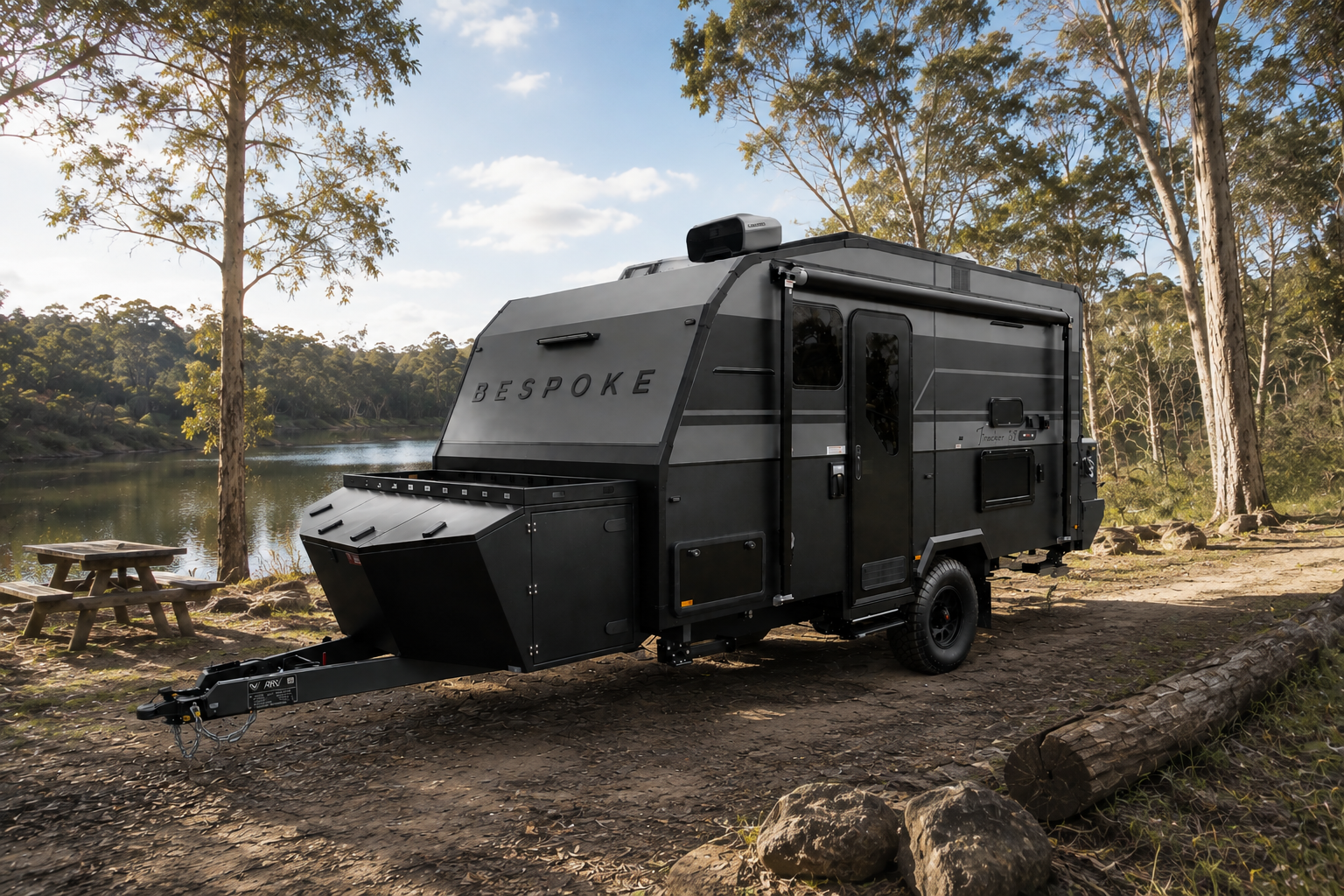 Bespoke Caravans best quality Tracker Off-road Caravan Australian parked at off-grid river location
