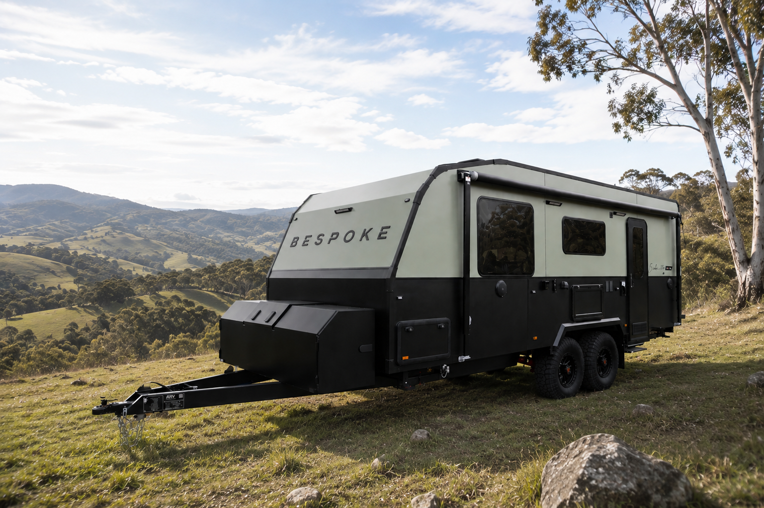 Bespoke Caravans best quality Evoke Off-road Caravan Australian parked at off-grid hills location
