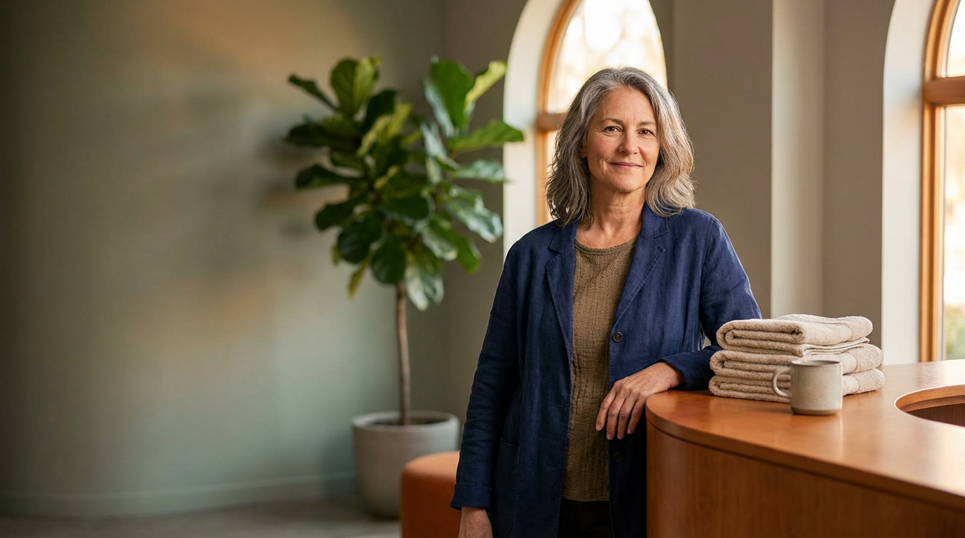 An older woman with gray hair smiling, standing next to a curved wooden counter with folded beige towels and a mug, in a well-lit room with large arched windows and a potted plant in the background.