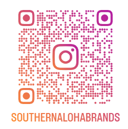 Colorful Instagram QR code with the text 'SOUTHERNALOHABRANDS' underneath.