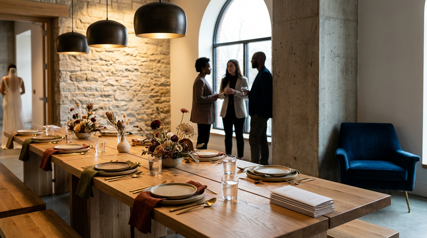 A dining table set with plates, glasses, cutlery, and floral centerpieces, with a group of three people talking near a large window in a modern, industrial-style room.
