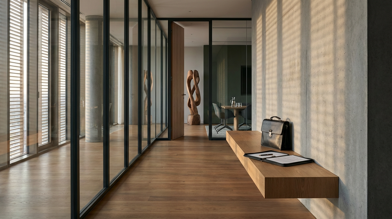 Modern interior space with wooden flooring, glass walls, a wooden shelf with a black briefcase, a open folder, and a wall with shadows from window blinds.