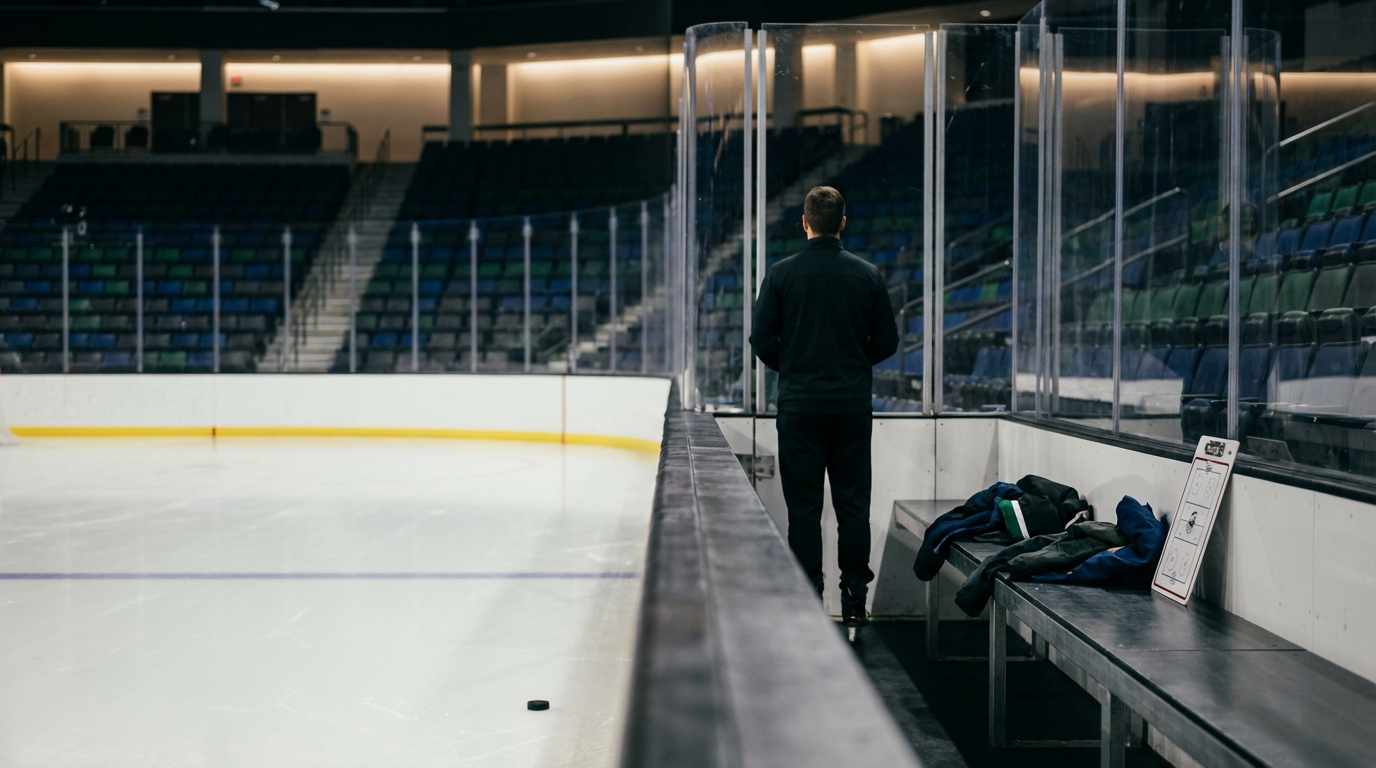 A man in a black jacket walking along the side of an empty ice hockey rink, with chairs and equipment on a bench nearby.