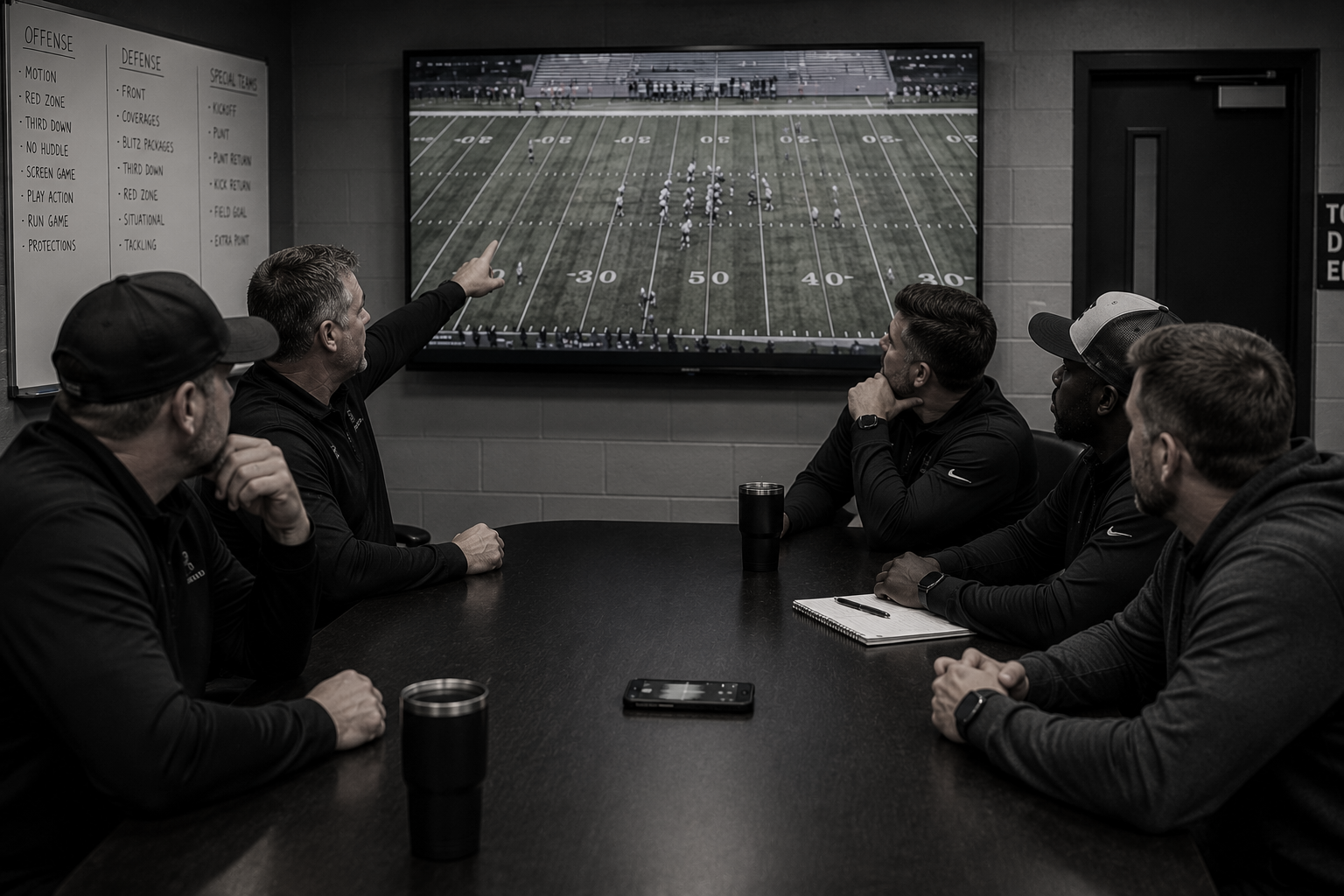A group of five men sitting at a conference table, watching a football game on a wall-mounted screen. One man is pointing at the screen, explaining the game to others, with playbooks and a smartphone on the table.