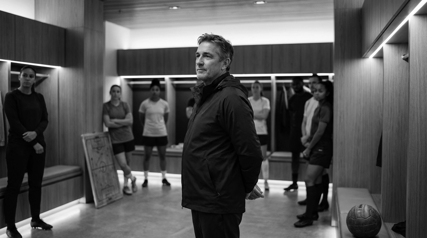 A man with gray hair and a black jacket stands in front of a group of women in athletic attire inside a room with wood paneling and bench seating.