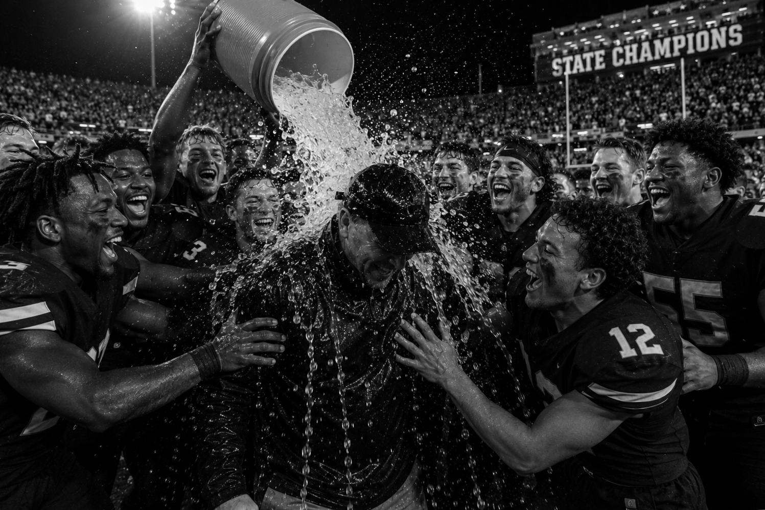 Football team celebrating with water bucket during championship game, with a crowd and stadium in background.