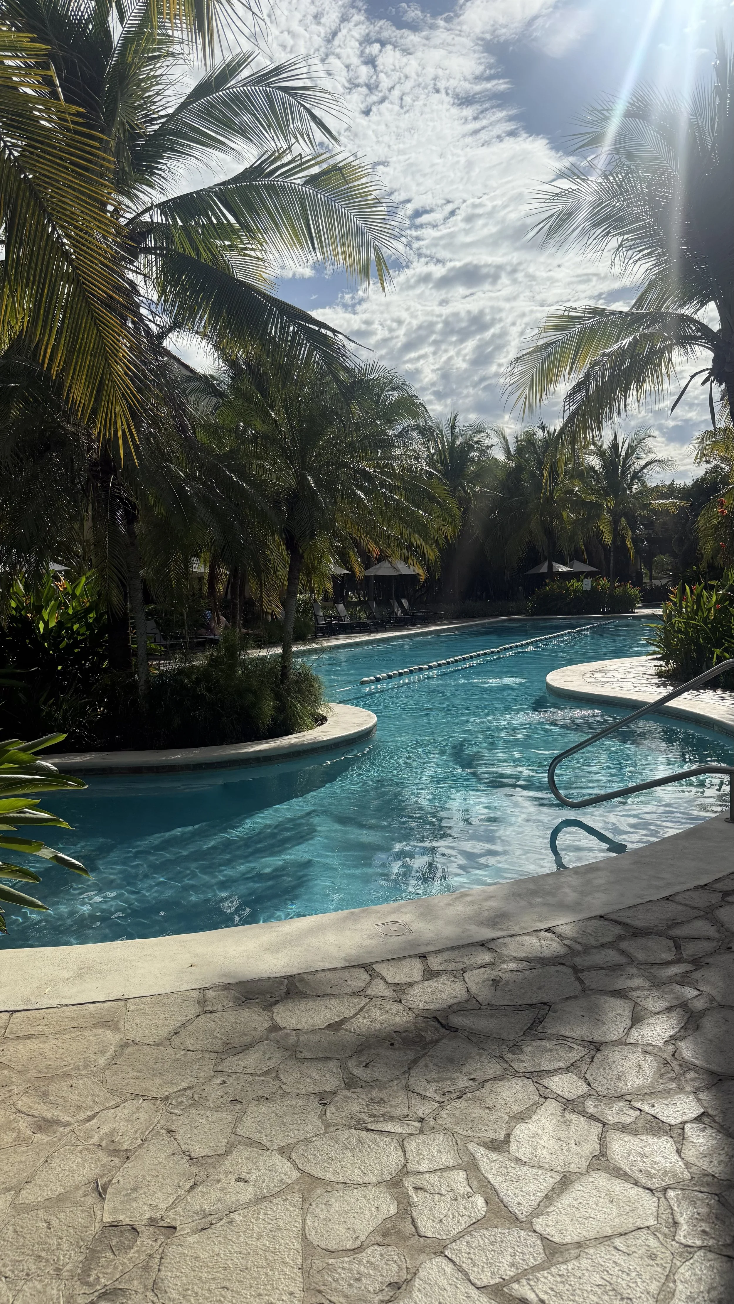 A tropical swimming pool surrounded by palm trees with a partly cloudy sky and sunlight shining through.