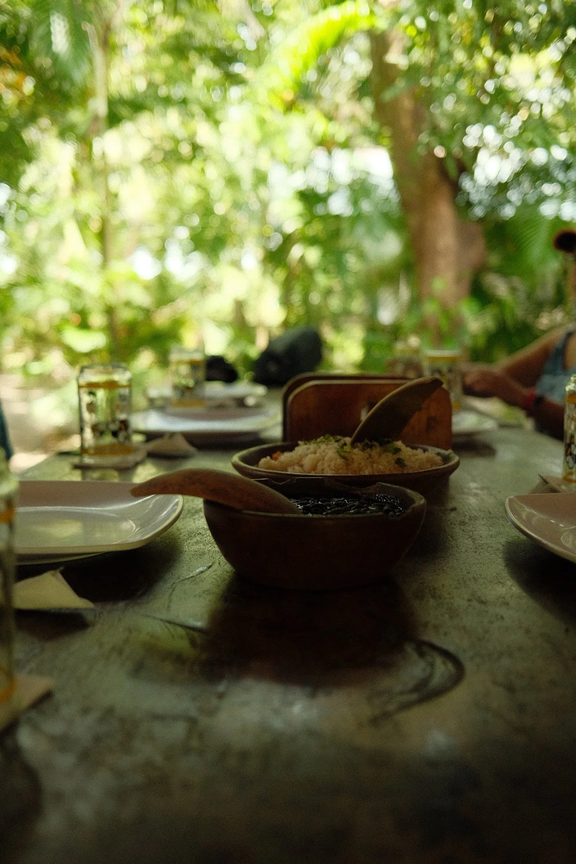 A table set for a meal outdoors in a lush, green, forested environment with bowls, plates, and glasses of drinks visible.