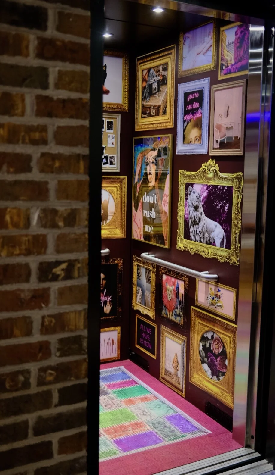 Decorative wall art inside an elevator with framed pictures including a lion, a woman with a camera, a woman with the phrase "don't rush me," a pink chair, and various floral and abstract images. The floor has a colorful woven rug, and the walls are 