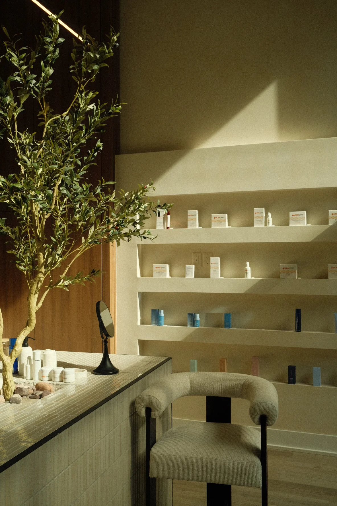 Interior of a spa or skincare clinic showing shelves with skincare products, a small mirror, a chair, and an artificial tree placed on a counter.