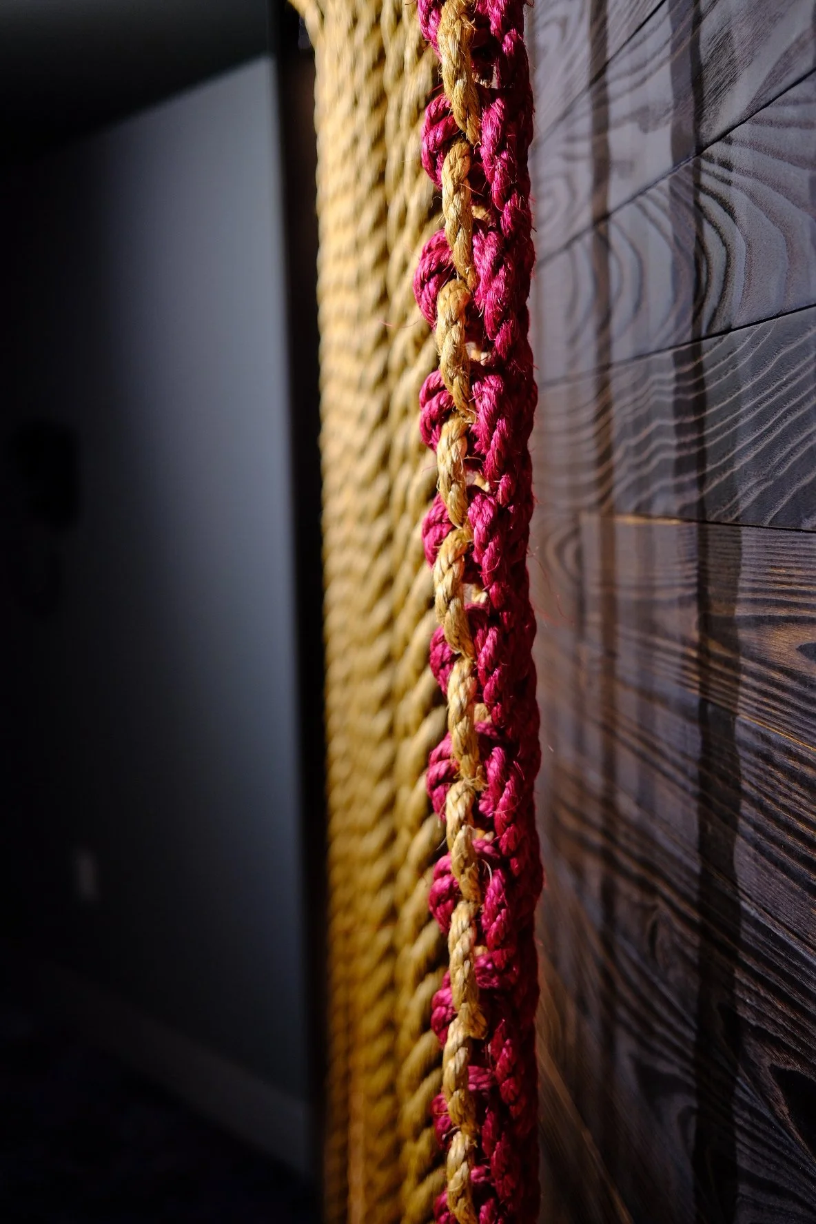 A close-up of a braided multicolored rope with pink and tan fibers hanging vertically on a wooden wall.