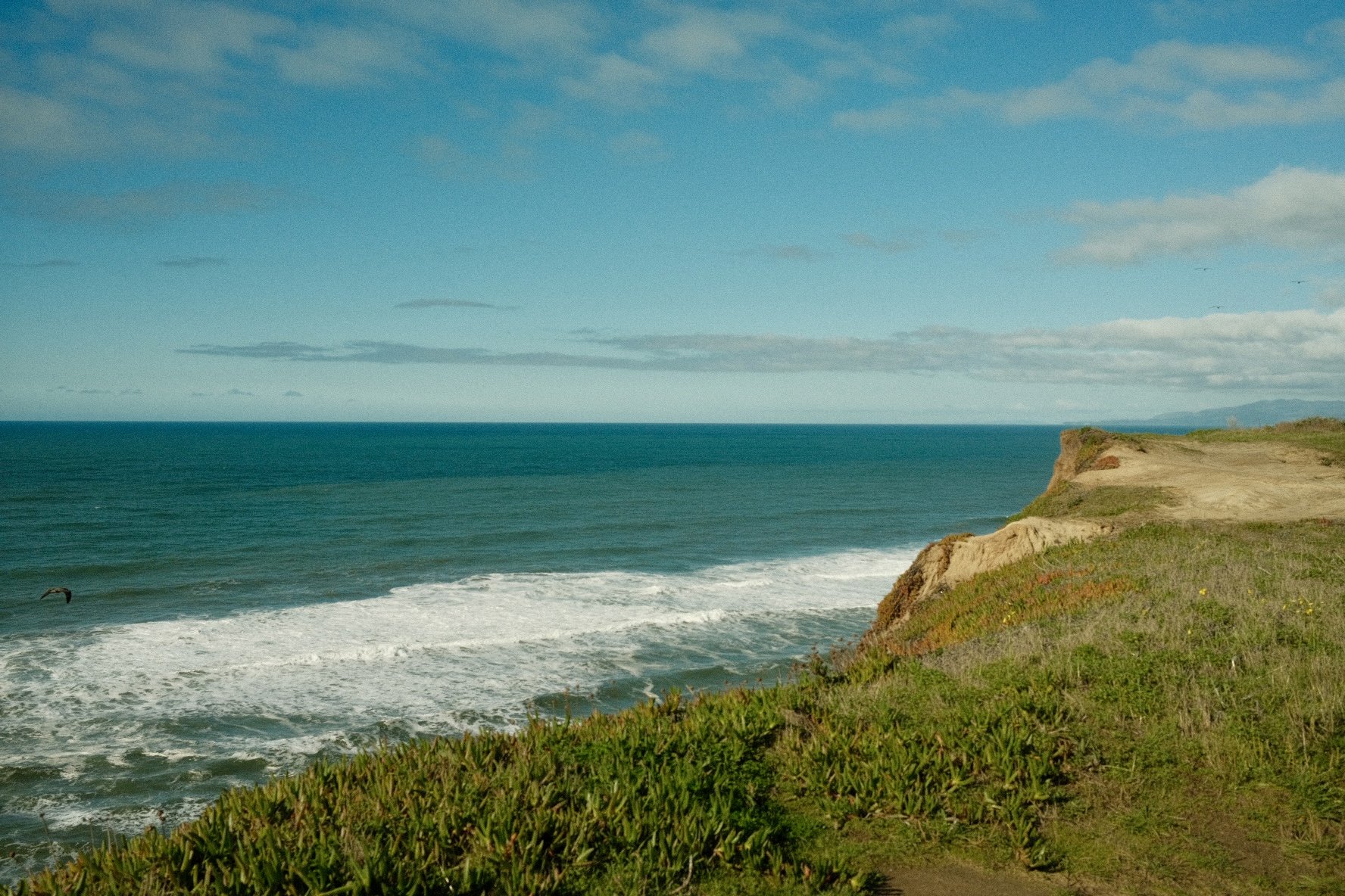 Ocean view with waves crashing on the beach, green shrubbery in the foreground, and a cliff on the right side under a partly cloudy sky.