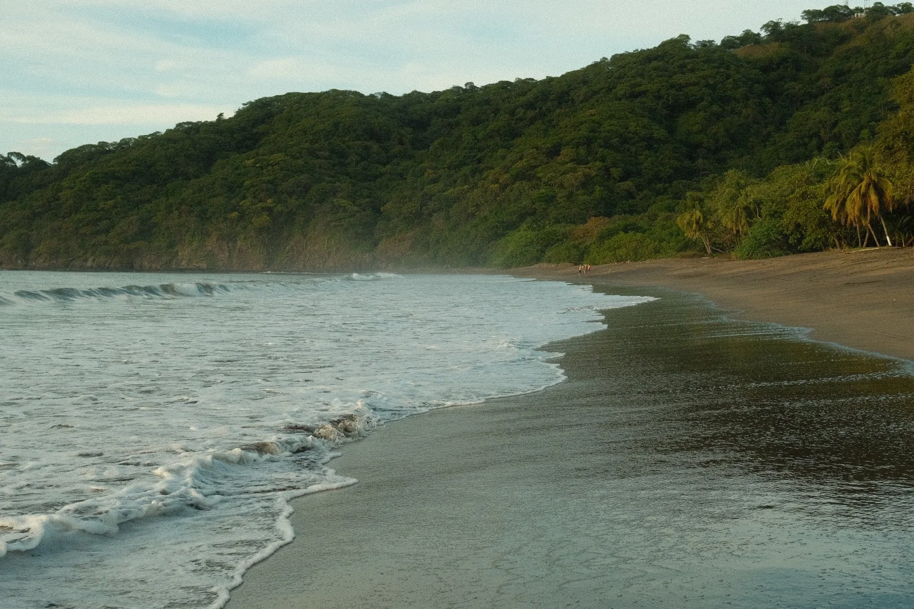 A sandy beach with gentle waves washing ashore, lined with lush green trees and a forested hillside, under a partly cloudy sky.
