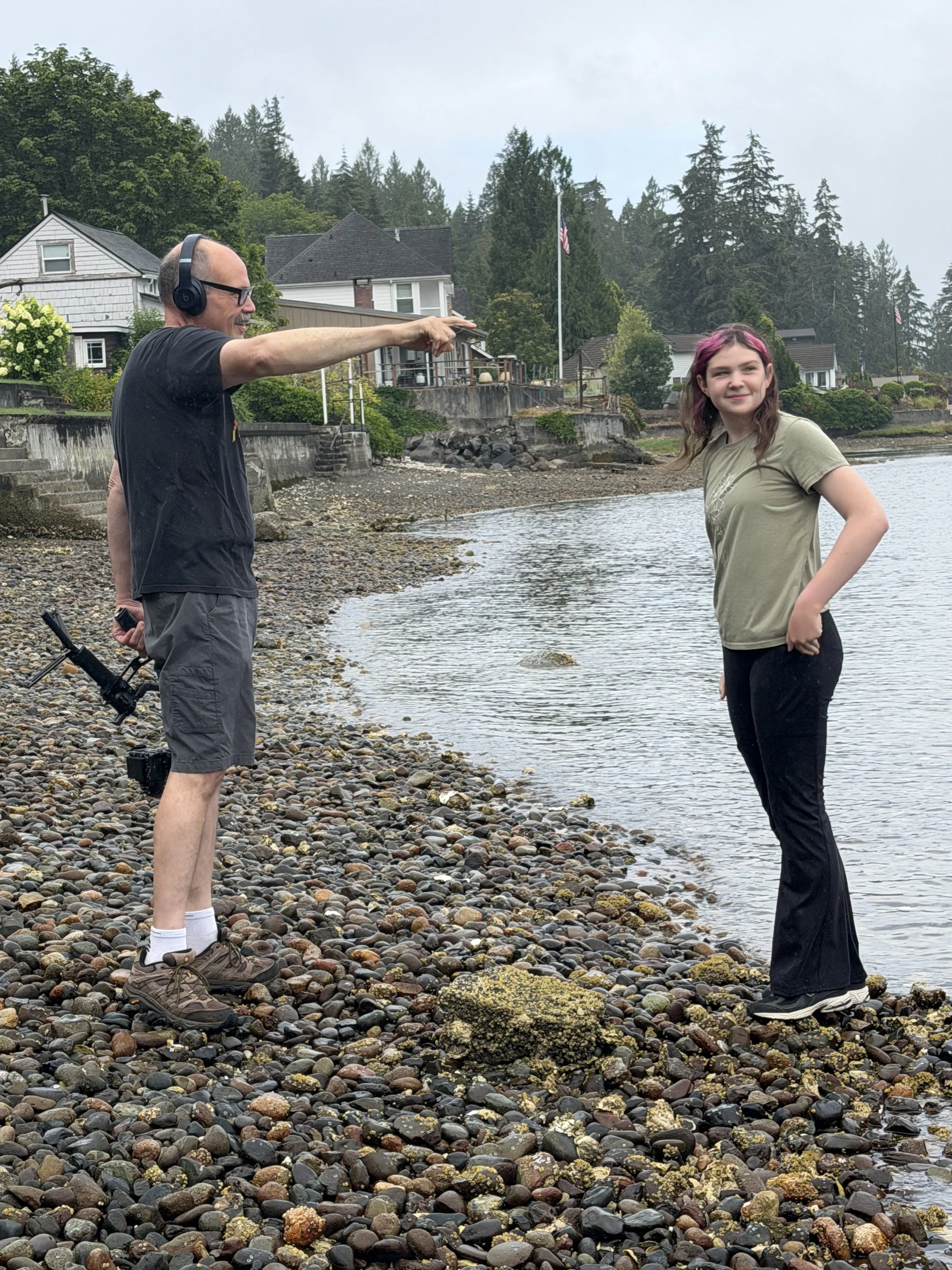 Wayne Rawley directing talent on the beach on Hood Canal.