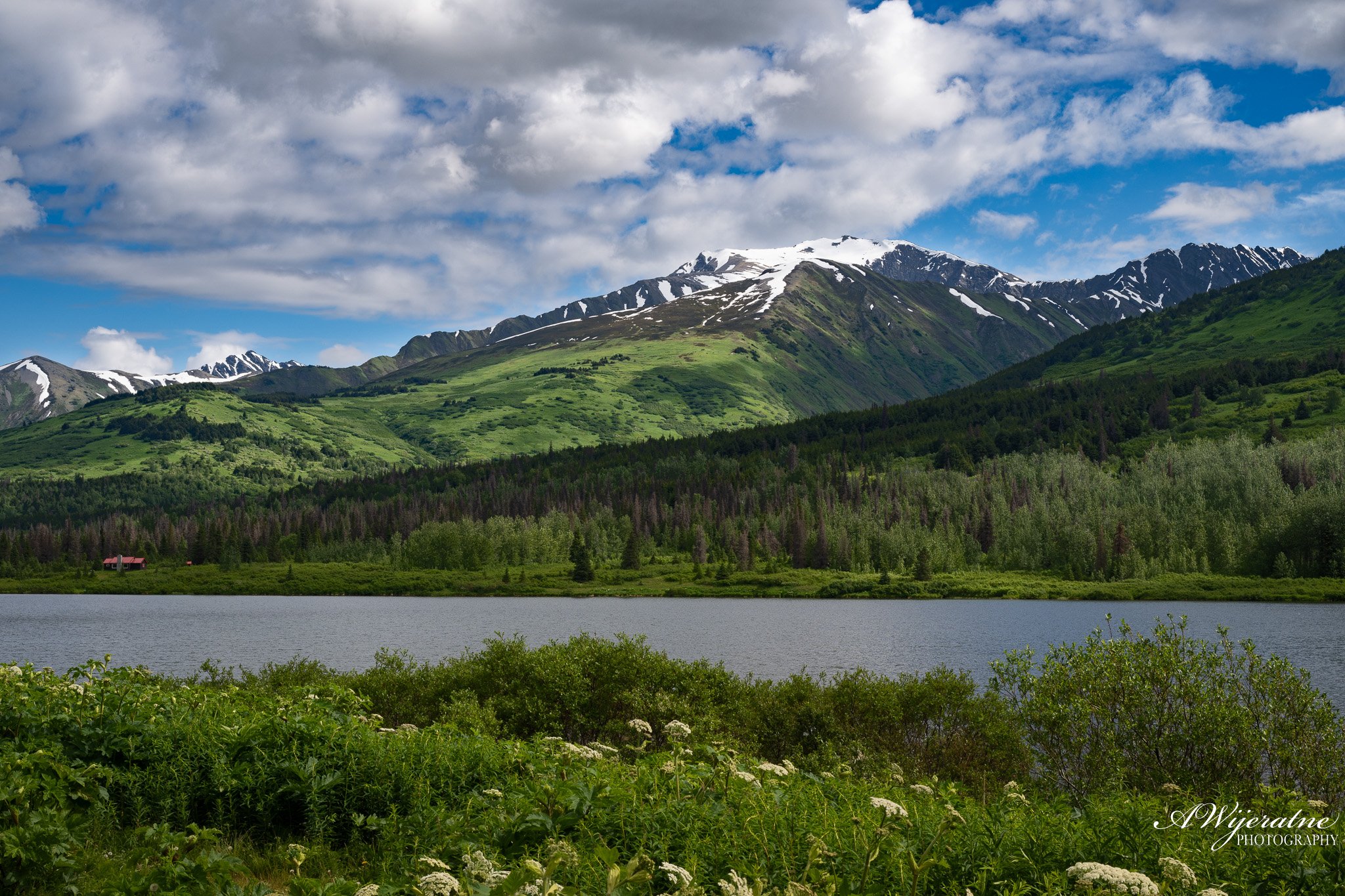 Scenic landscape of green hills and mountains with snow patches, a body of water in the foreground, and a partly cloudy blue sky.