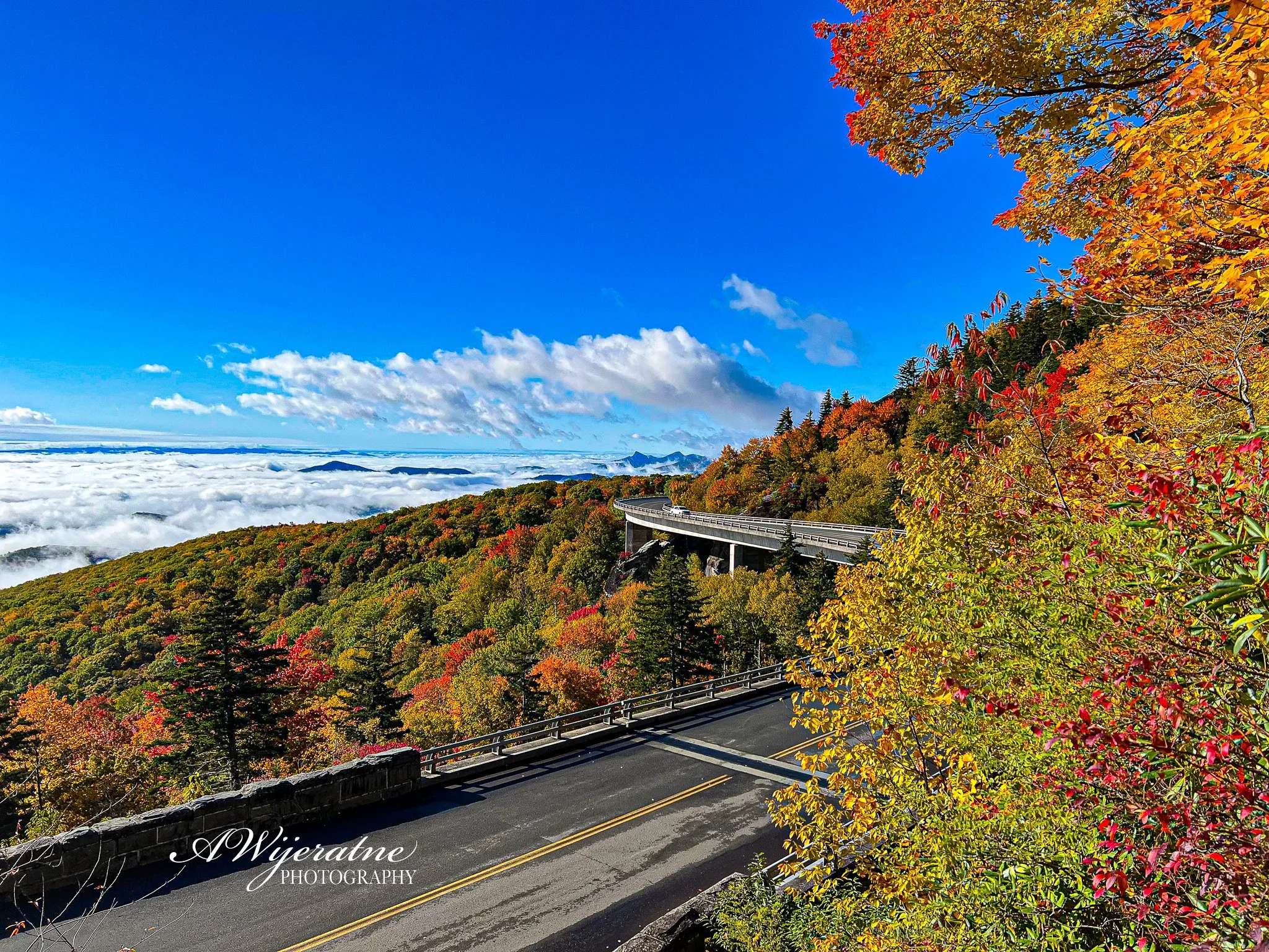 A scenic view of a winding mountain road with colorful autumn trees on the side, overlooking a sky filled with clouds and a distant mountain range.